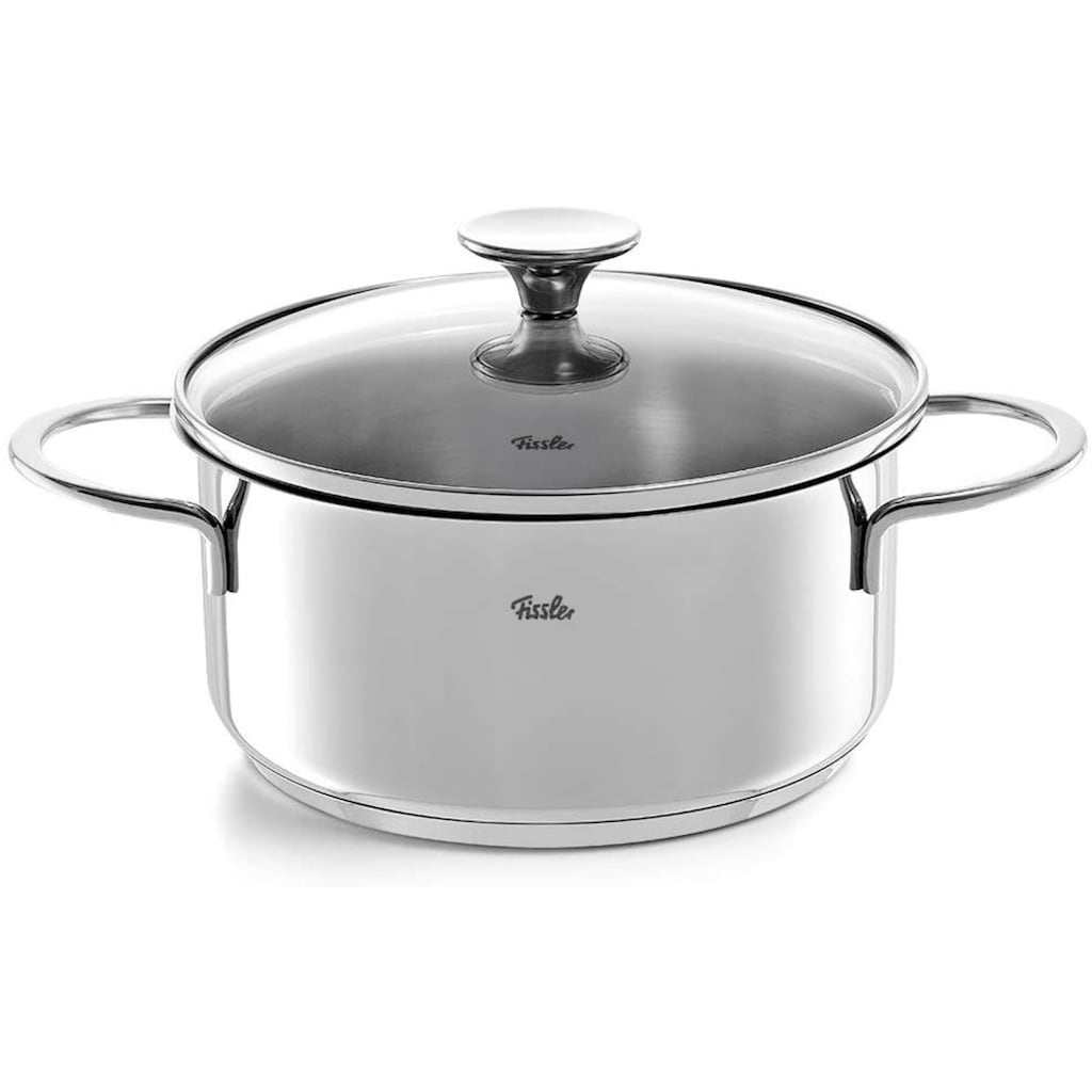 Fissler Topf-Set »Copenhagen«, Edelstahl 18/10, (Set, 9 tlg., Bratentopf 20 cm, je 1 Kochtopf 16/20/24 cm, Stielkasserolle 16 cm), Töpfe mit Glasdeckel, Mess-Skala, Induktion, backofengeeignet