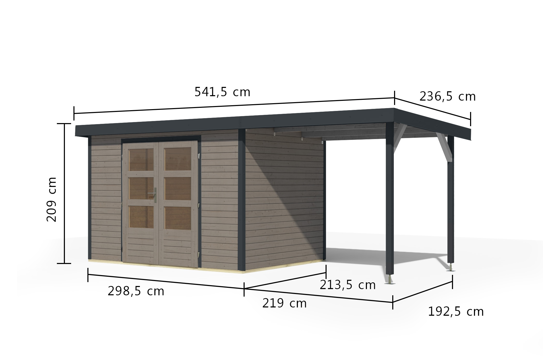 Karibu Gartenhaus »"Jupiter 4 D" SET wassergrau, mit Anbaudach 2,35 m breit«, hochwertige Materialien: nordische Fichte, Stahlecken, Trapezblechdach