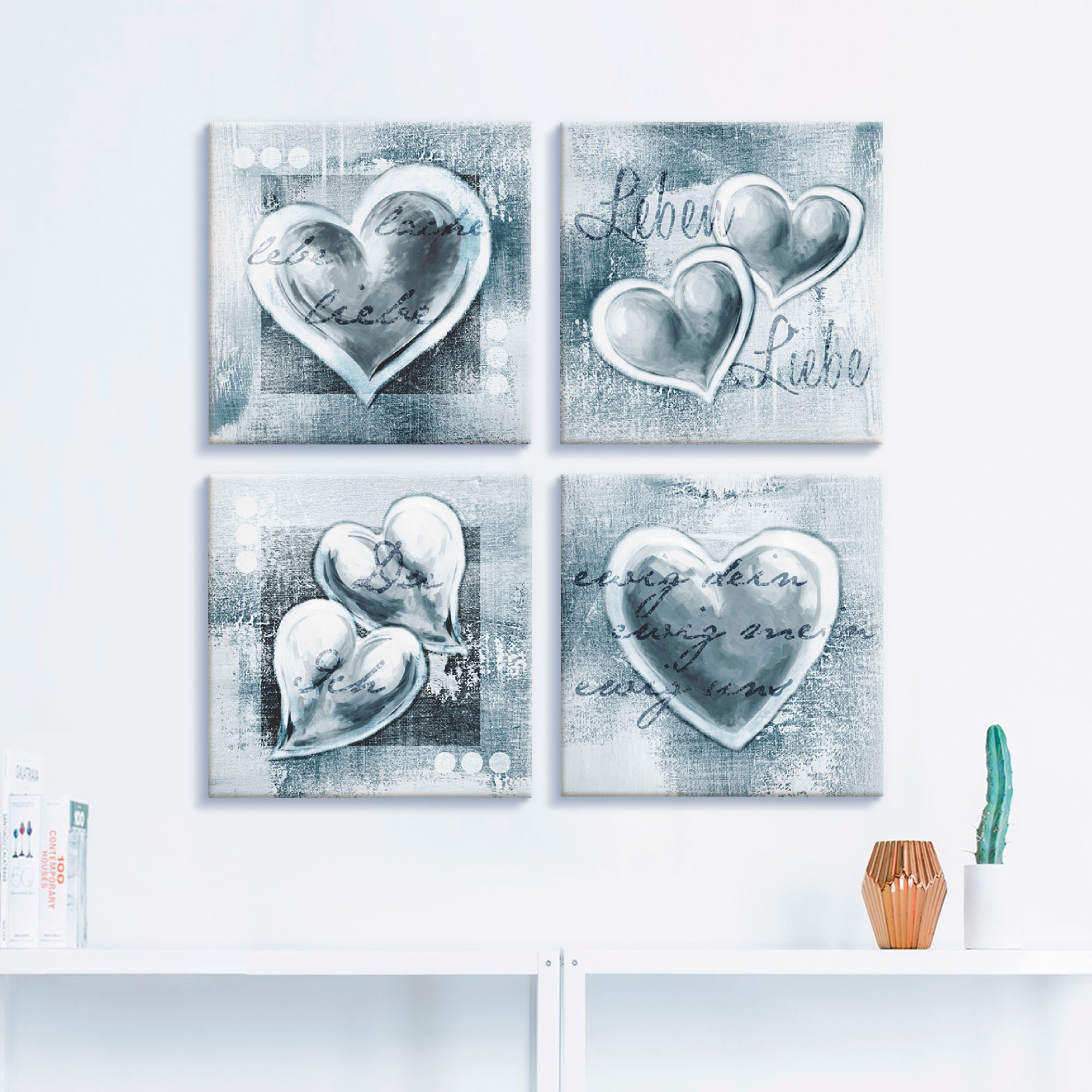 Artland Leinwandbild "Lache Lebe Liebe Leben" Herzen 4 Stk. tlg. 4er Set, v günstig online kaufen