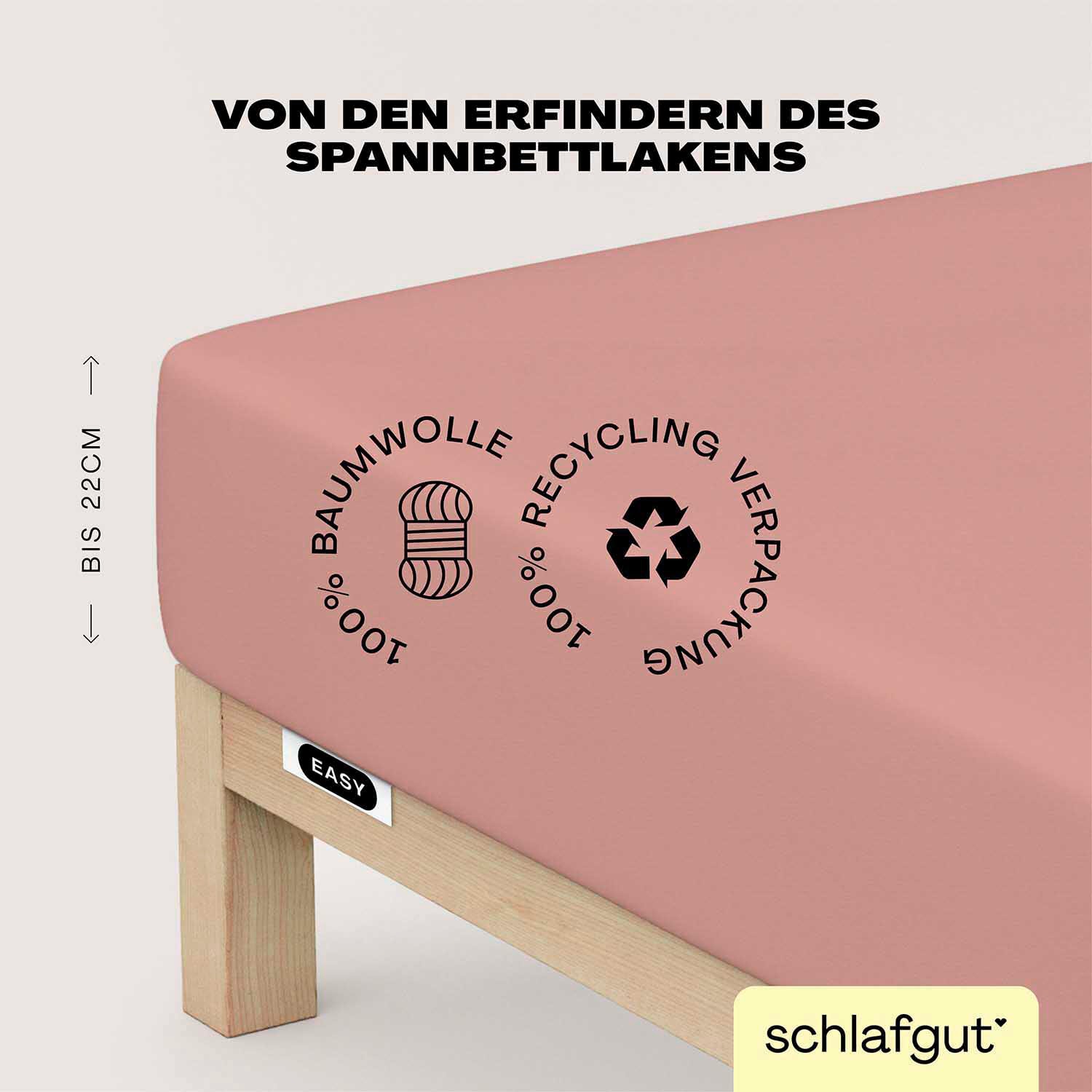 Schlafgut Spannbettlaken "EASY JERSEY Bettlaken, 150 g/m², 100% Baumwolle, Spannbetttuch" Spannbettlaken bis 22 cm Höhe, bügelfrei, pflegeleicht, perfekter Sitz