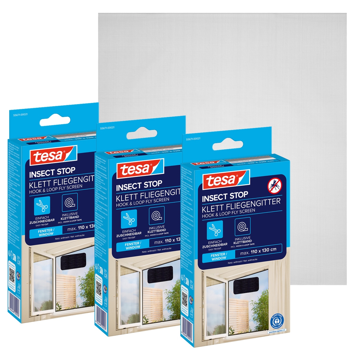 tesa Fliegengitter-Gewebe "Klett Fliegengitter für Fenster - Insektenschutz" Packung, Fliegennetz, Klettband, 3 Stk. tlg. INSECT STOP mit Klettband, zuschneidbar