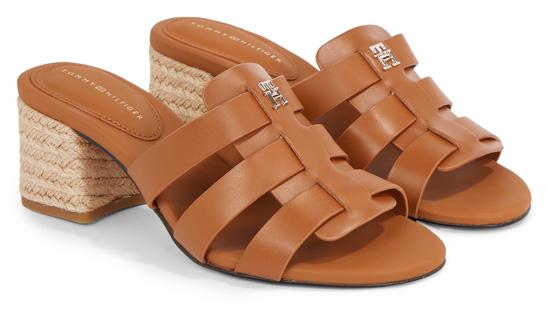 Tommy Hilfiger Pantolette »BLOCK MID HEEL LEATHER SANDAL«, Blockabsatz, Sommerschuh, Schlappen mit geflochtener Bandage