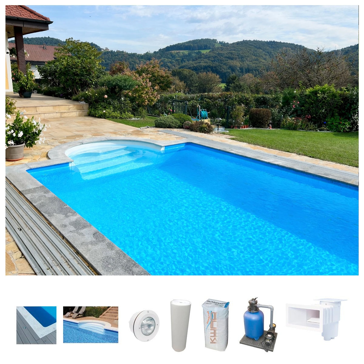 KWAD Schwimmbecken "STYROPORSTEIN POOL ALL INCLUSIVE, BxLxH: 300x600x150 cm" mit Römertreppe, inkl. Beckenrandsteine & Poolbeleuchtung