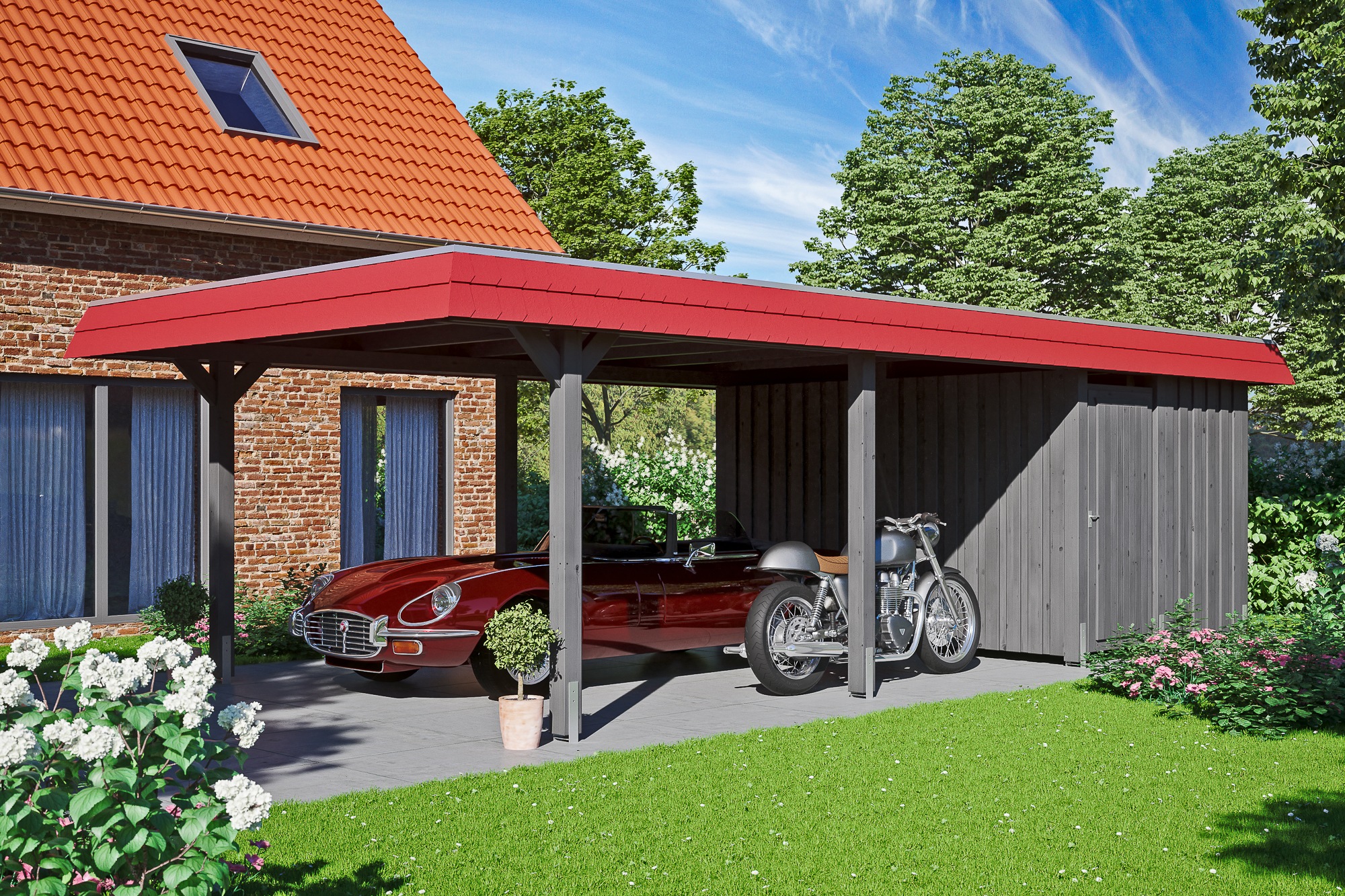 Skanholz Einzelcarport »Wendland«, 341 cm, Schiefergrau, mit Abstellraum mit EPDM-Dach, rote Blende