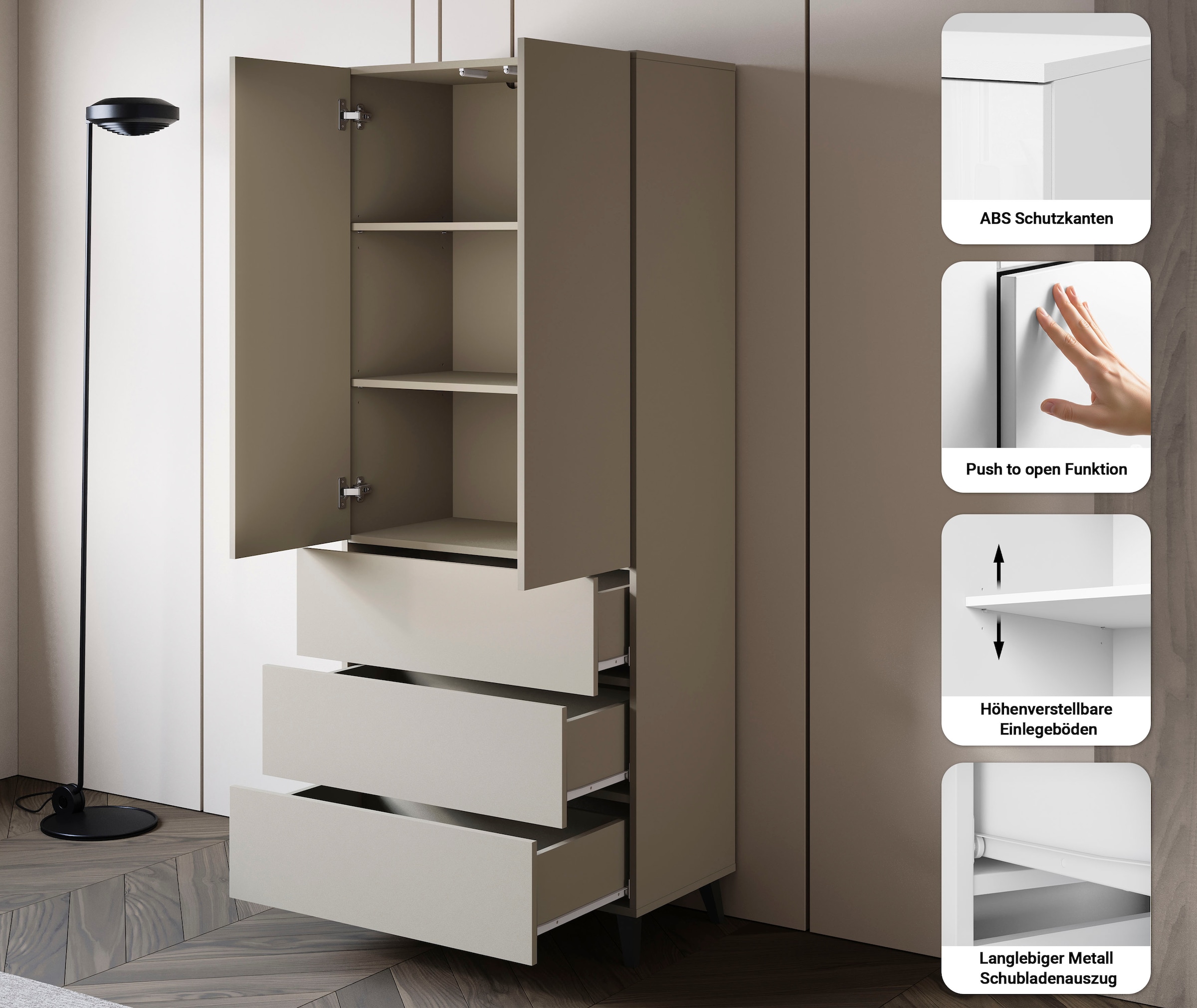 Home affaire Highboard »Phuket Hochschrank mit 2 Türen und 3 Schubladen« 1 Stk. tlg. Push-to-Open, verstellbare Einlegeböden und viel Stauraum