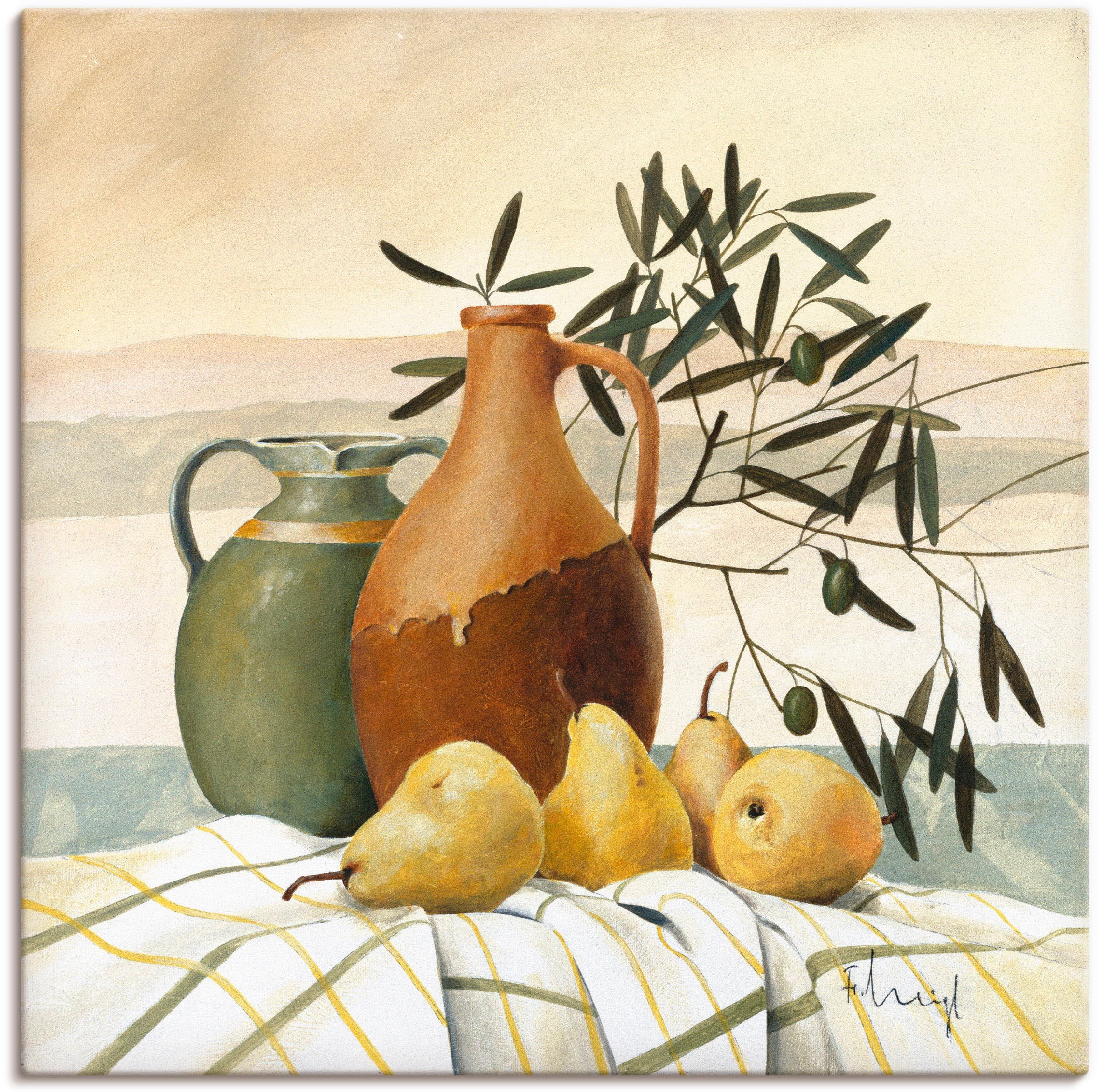 Artland Leinwandbild "Stillleben mit Birnen", Vasen & Töpfe, (1 St.), auf Keilrahmen gespannt