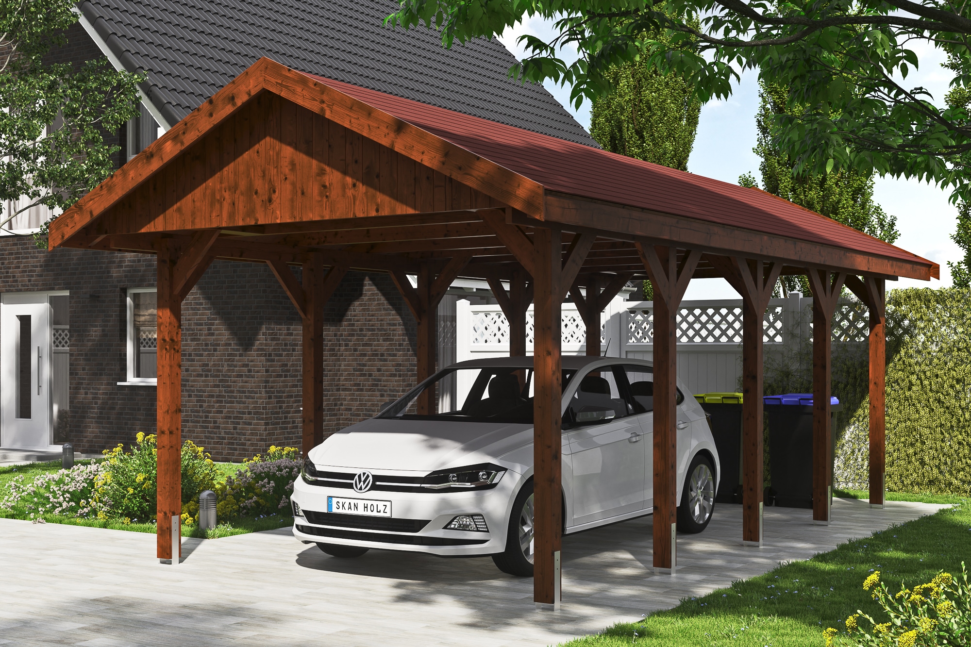 Skanholz Einzelcarport »Wallgau«, Nadelholz, 291 cm, Nussbaum, mit roten Dachschindeln