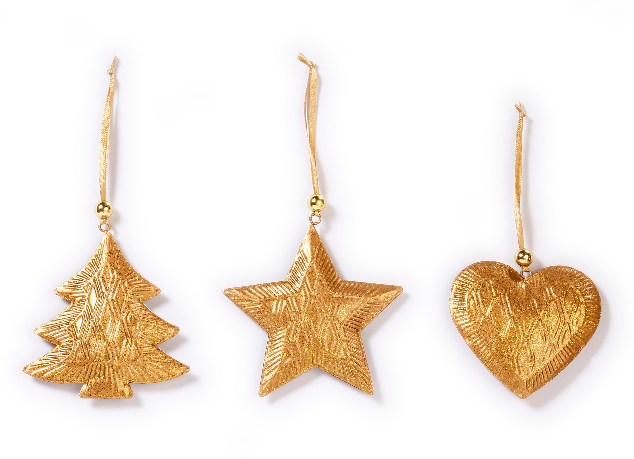 CHRISTMAS GOODS by Inge Baumbehang »Herz, Stern, Baum, Weihnachtsdeko, Christbaumschmuck«, (Set, 6 St.), 3-fach sortiert, goldfarben