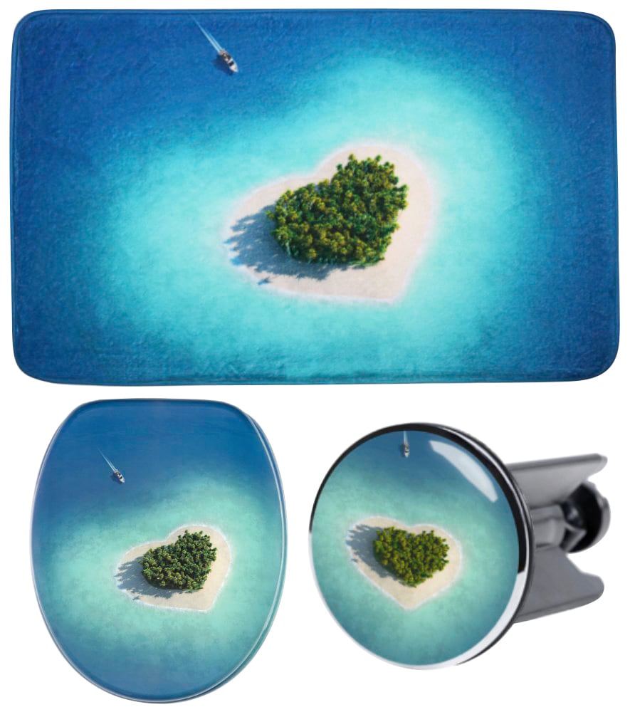 Sanilo Badaccessoire-Set "Dream Island", (Komplett-Set, 3 tlg.), bestehend aus WC-Sitz, Badteppich und Waschbeckenstöpse