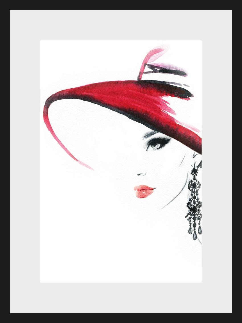 Leonique Bild "Skizze Hat", Hut, Frau, Ohrring, Poster, gerahmt