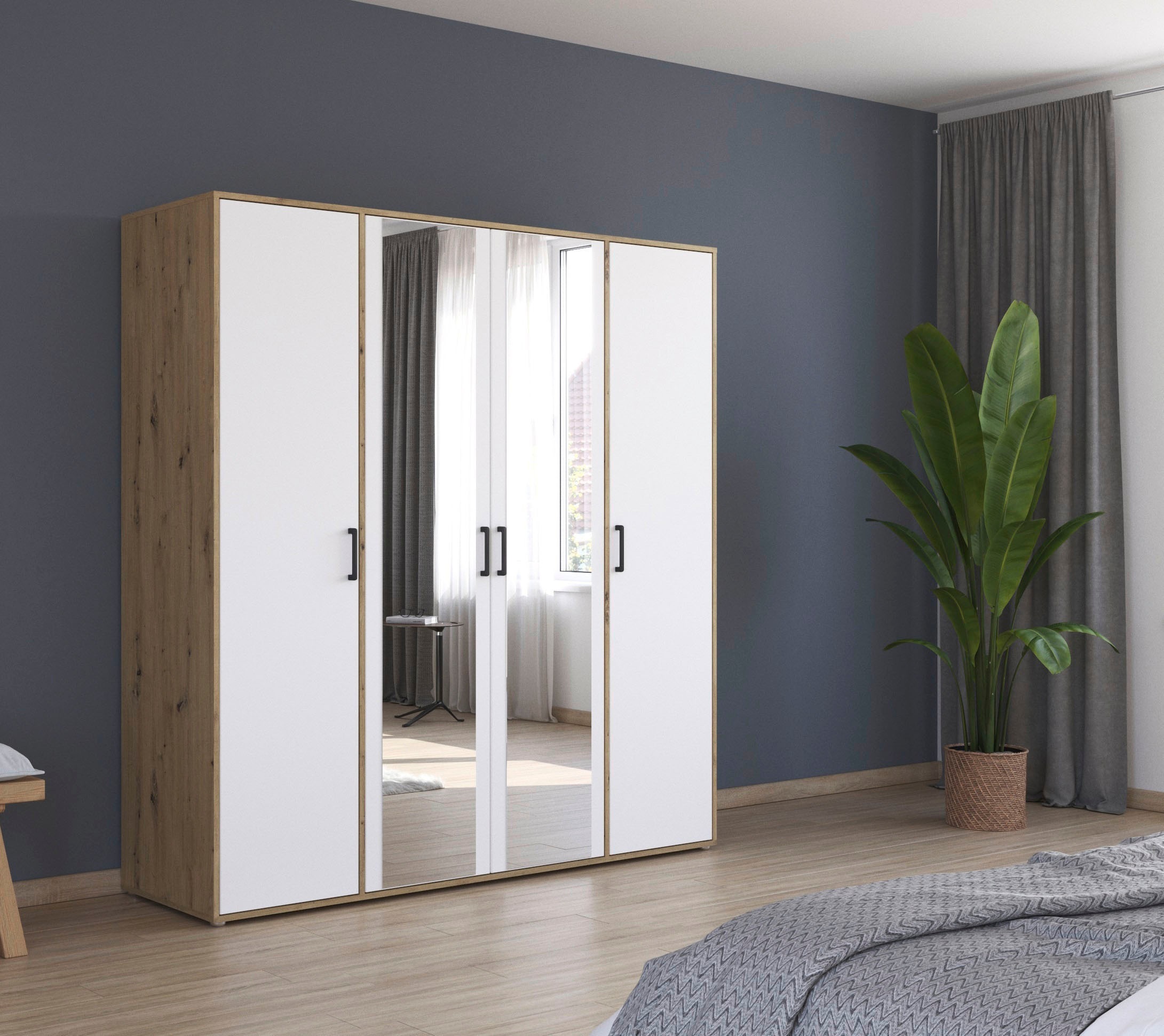 rauch Drehtürenschrank »Kleiderschrank Schrank Garderobe Wäscheschrank VOYAGER«, (in 3 verschiedenen Ausstattungen BASIC/CLASSIC/PREMIUM), mit modernen Griffen in Graumetallic und Spiegel