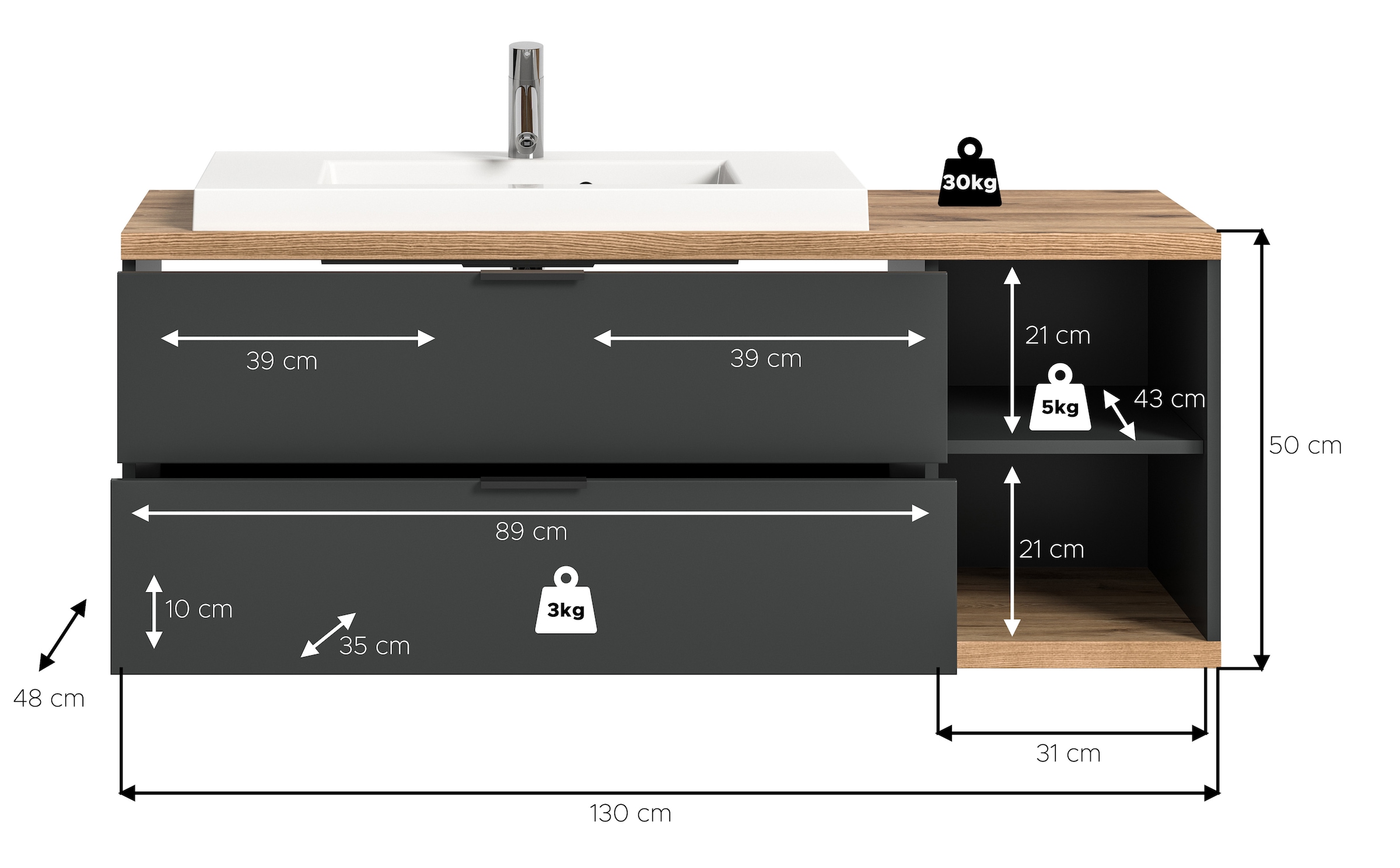 welltime Waschtisch »Sencillo, Waschbeckenunterschrank inkl. Mineralguss Waschbecken«, Sencillo, Waschbeckenunterschrank,2 Schubladen, 2 offene Fächer