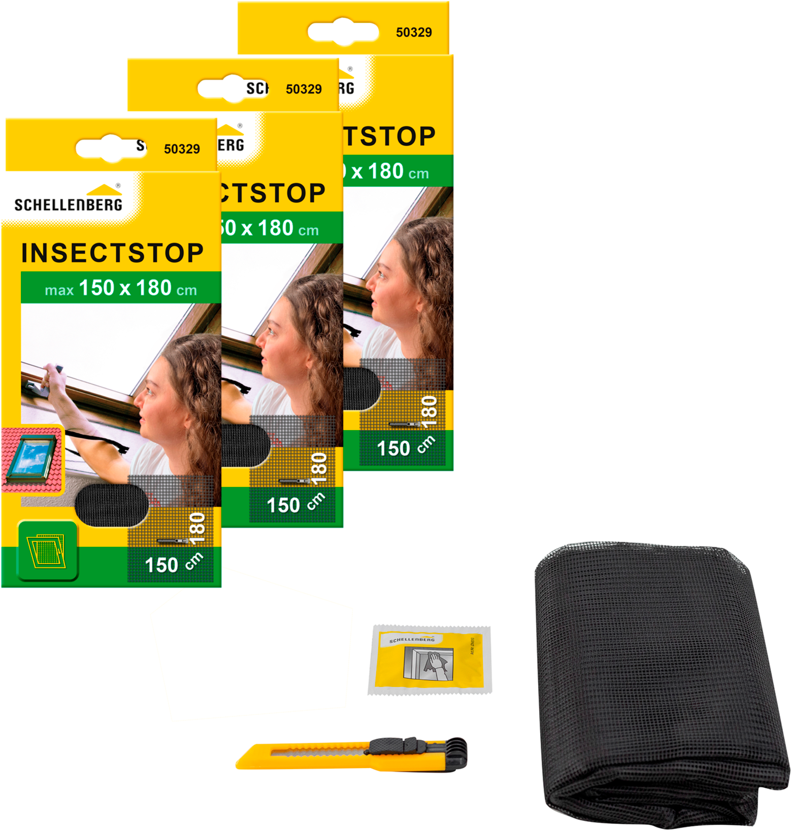 SCHELLENBERG Fliegengitter-Gewebe "für Dachfenster mit Reißverschluss", B/H: 150cm x 180cm, 3er Pack, grau, Insektenschutzgitter, Insektenschutz ohne