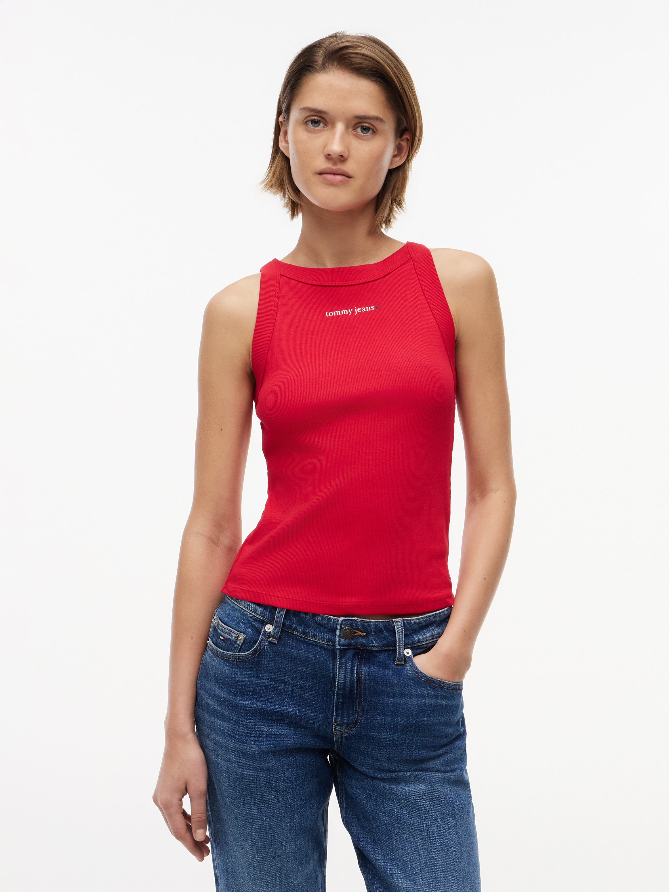 Tommy Jeans Ripptanktop "TJW SLIM ESS LOGO 1 RIB TANK" Baumwollmischung, slim fit, in gerippter Struktur