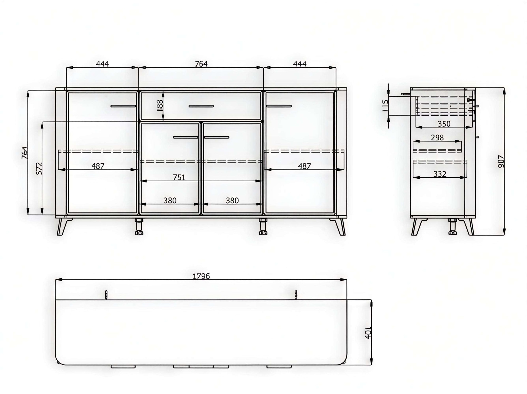 Home affaire Sideboard »Darwen Kombikommode, Sideboard, Schubladenkommode« Abgerundete Kanten, matte Kaschmir-Oberflächen, Maße: 179,5x40x90,5 cm