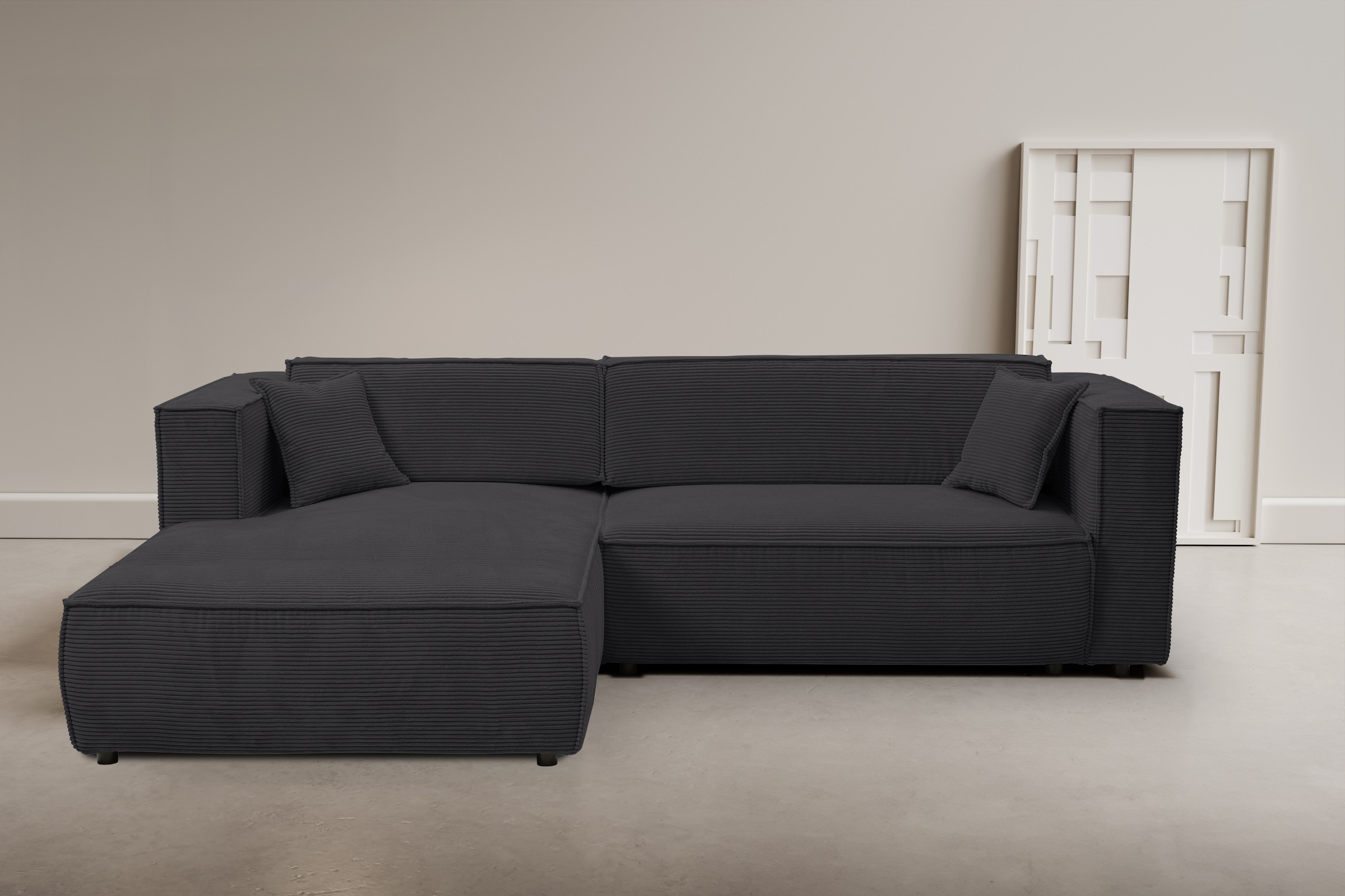 WERK2 Ecksofa "Atlanta-New 295 x 182 cm modern und bequem" Cord, L-Form, XXL, Schlaffunktion, Bettkasten
