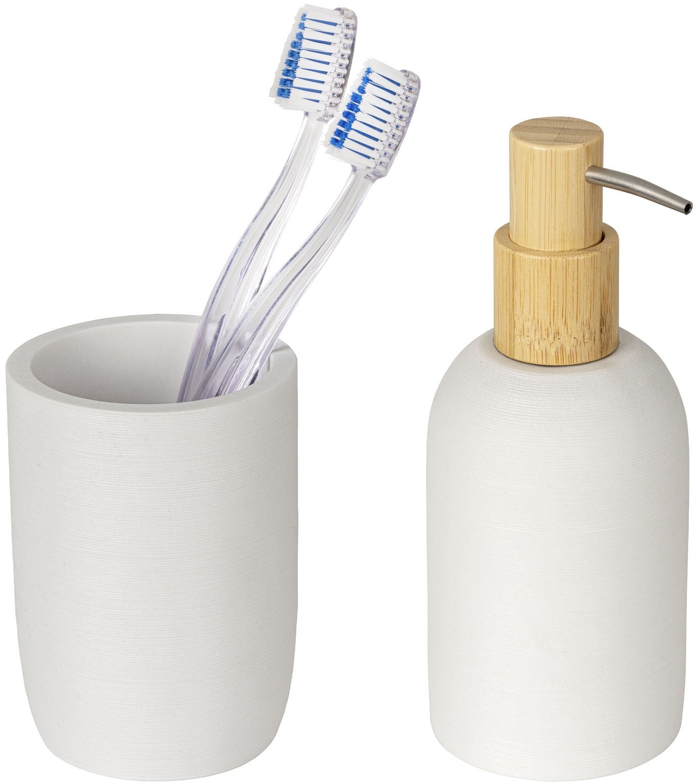 Thumbnail - WENKO Seifenspender "Altavalle" Bad-Accessoire Set aus Polyresin und Bambus, moderne Optik, 250 ml