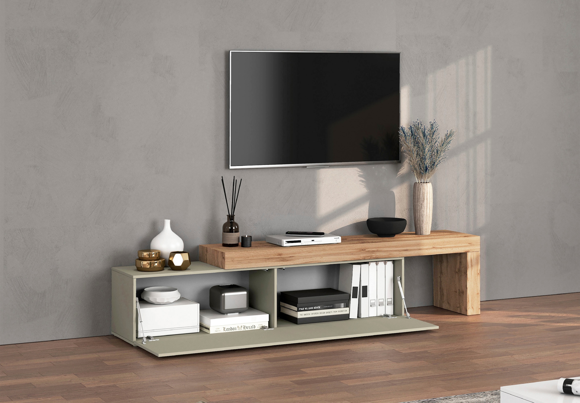 INOSIGN Lowboard »Chronos TV-Board, TV-Schrank«, (1 St., Breite verstellbar von 190 bis 350 cm), Breite 270 cm TV-Board,Lowboard,1 Klappe und ein L-Förmiger Aufsatz