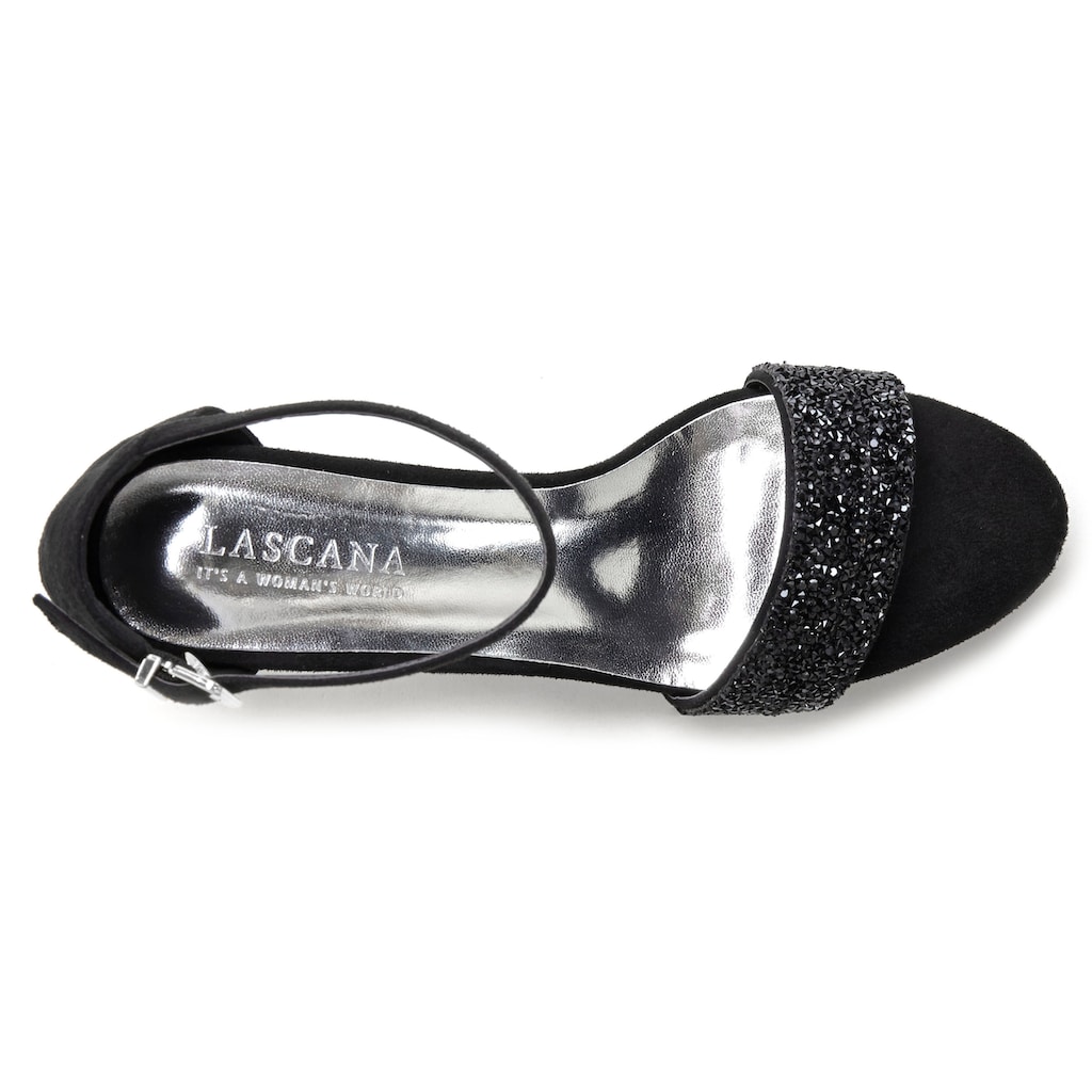 LASCANA Riemchensandalette, Sandale, Sommerschuh mit Glitzersteinchen & Metallic-Innensohle VEGAN