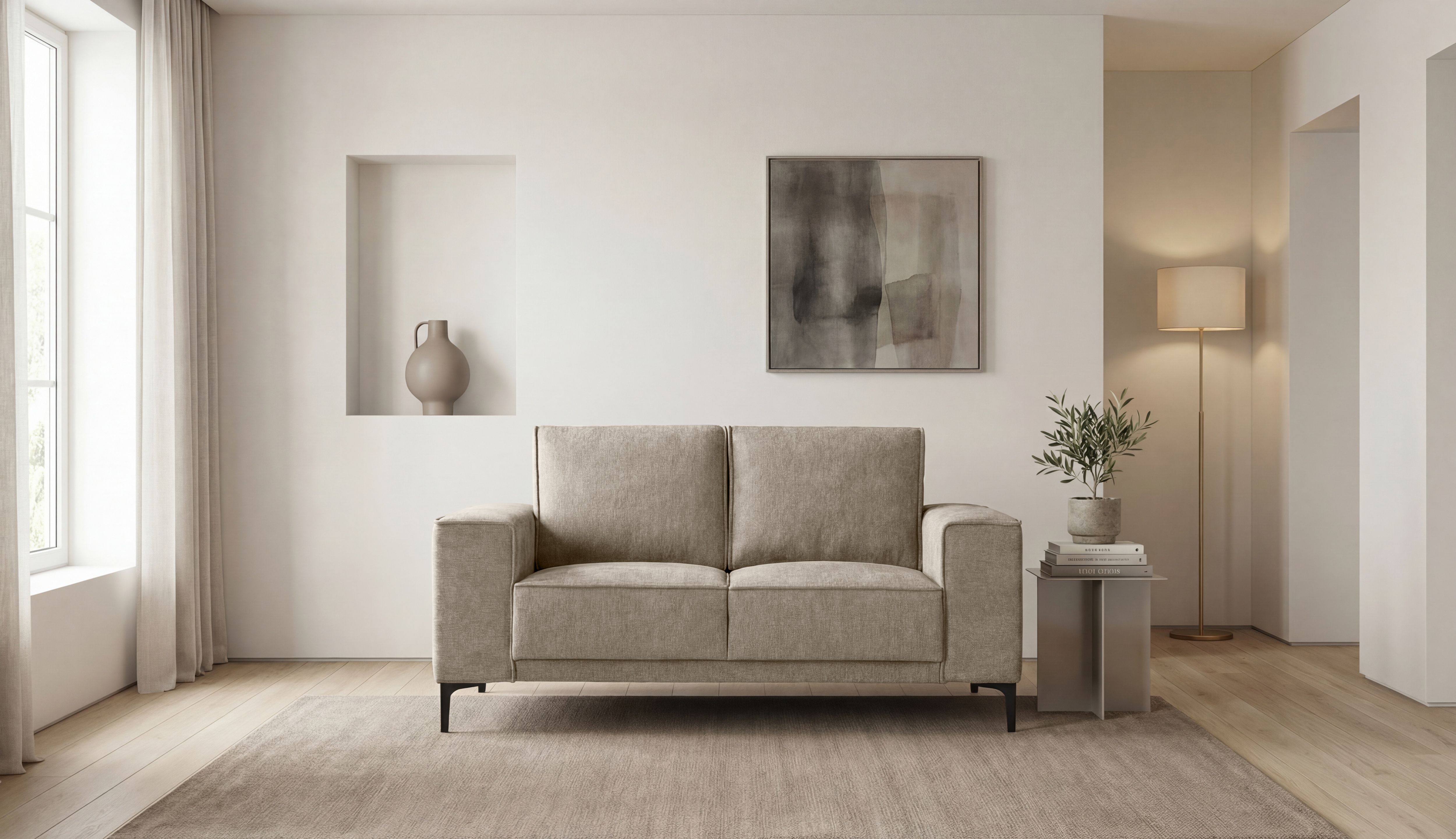 OTTO home Sofa "Kompaktsofa Oland, Struktur, Flachgewebe, Luxus-Microfaser, Boucle" 164 cm, Wellenunterfederung, Skandi-Design, Metallfüße