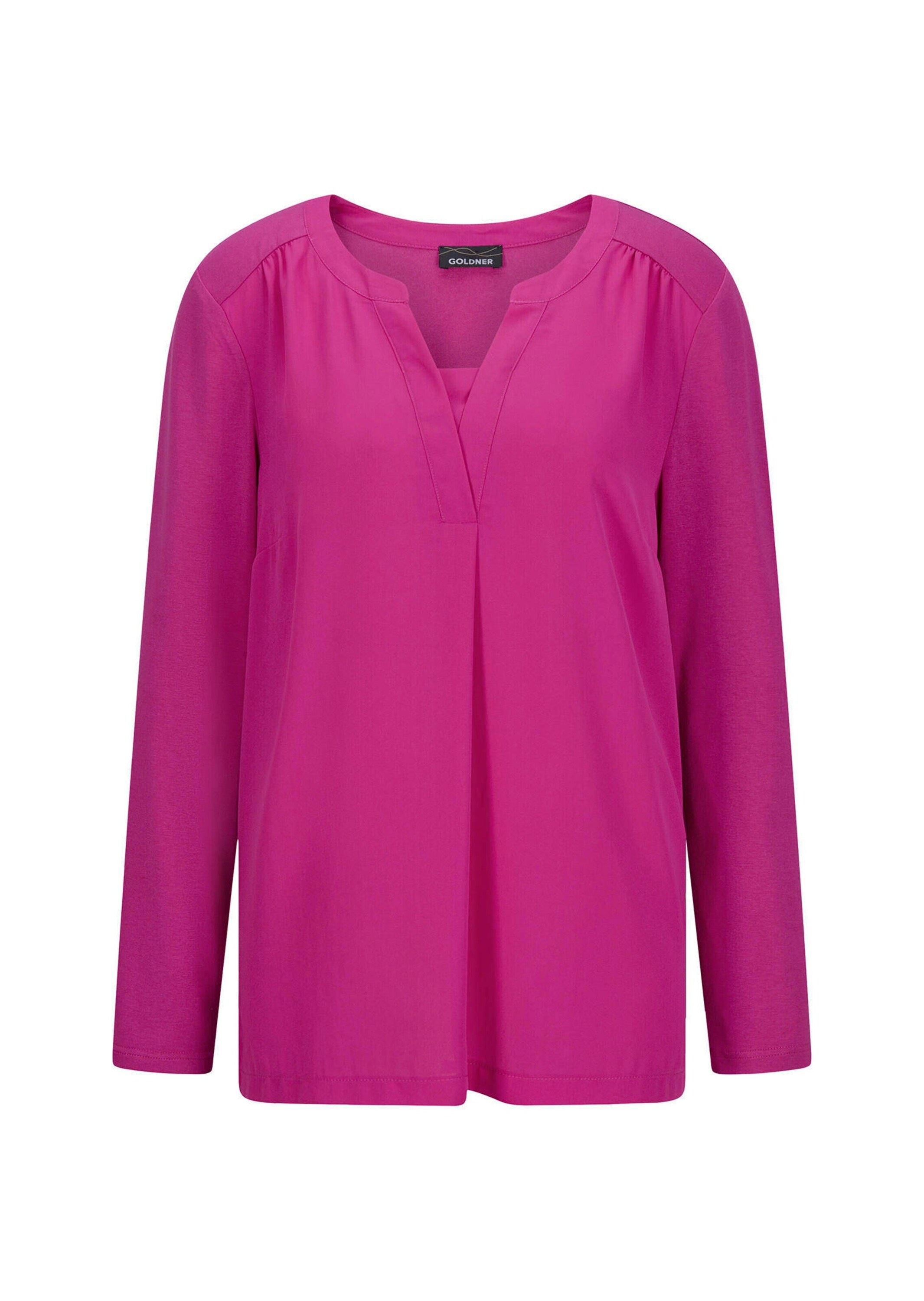 Kurzarmbluse GOLDNER "Kurzgröße Elegantes Chiffonshirt, Jersey-Details", Damen, Gr. 24, pink (beere), Obermaterial: 50% Polyester PES. 47% Viskose CV. 3% Elasthan EL., Gerade, Blusen, Schlitz