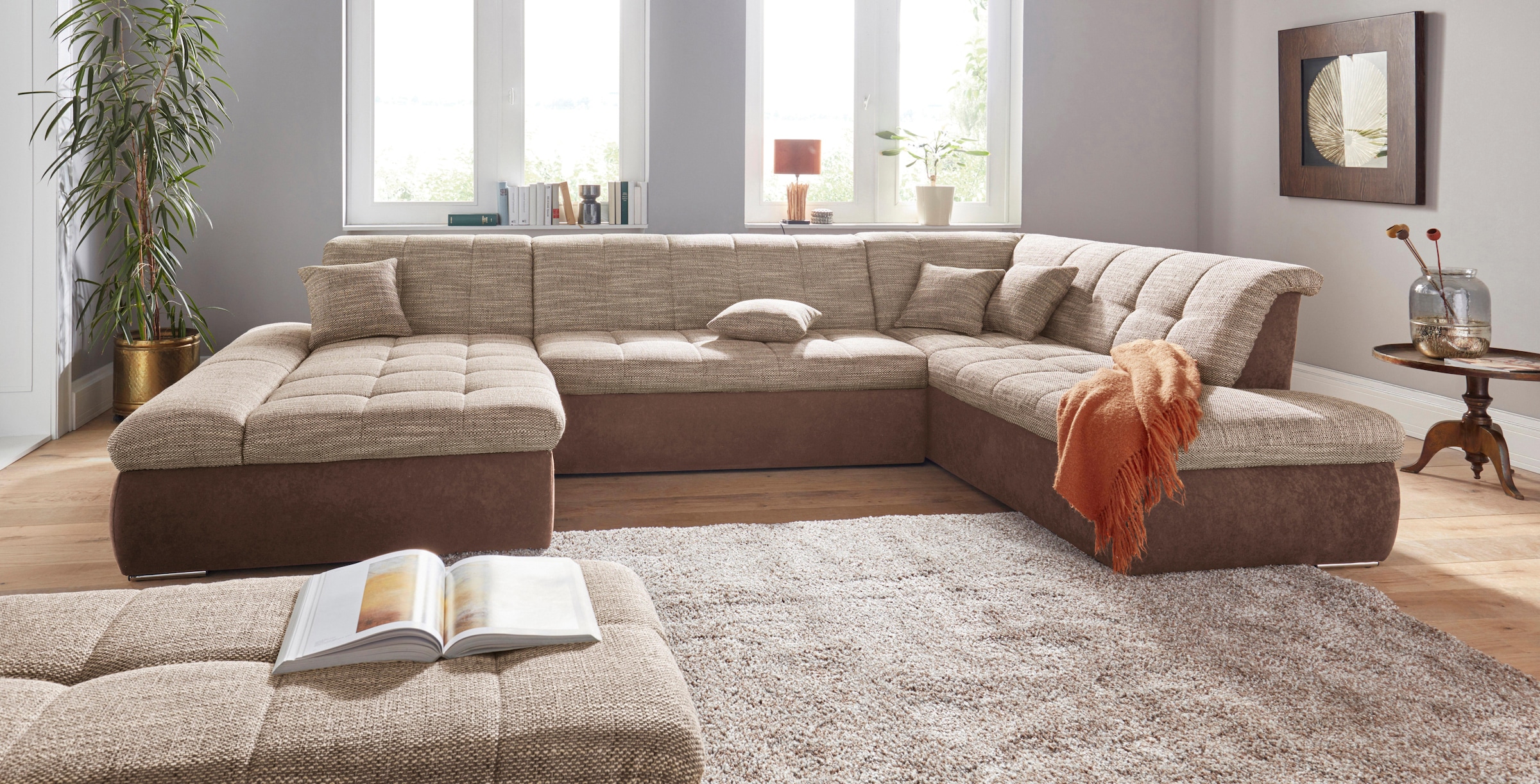 DOMO collection Wohnlandschaft »PB Moric wahlweise mit Bettfunktion und Armteilverstellung  U-Form«, XXL-Format B/T/H: 353/216/80 cm, feine Steppung, incl. Zierkissen