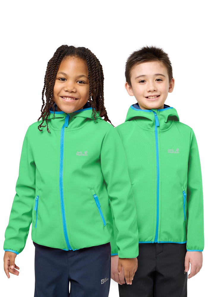 Softshelljacke JACK WOLFSKIN "FOURWINDS JACKET KIDS", Kinder, Gr. 128, lizard, Softshell, Obermaterial: 100% Polyester. Futter: 100% Polyester, hoch geschlossener Ausschnitt, eingefasste Kante, Jacken Softshelljacke