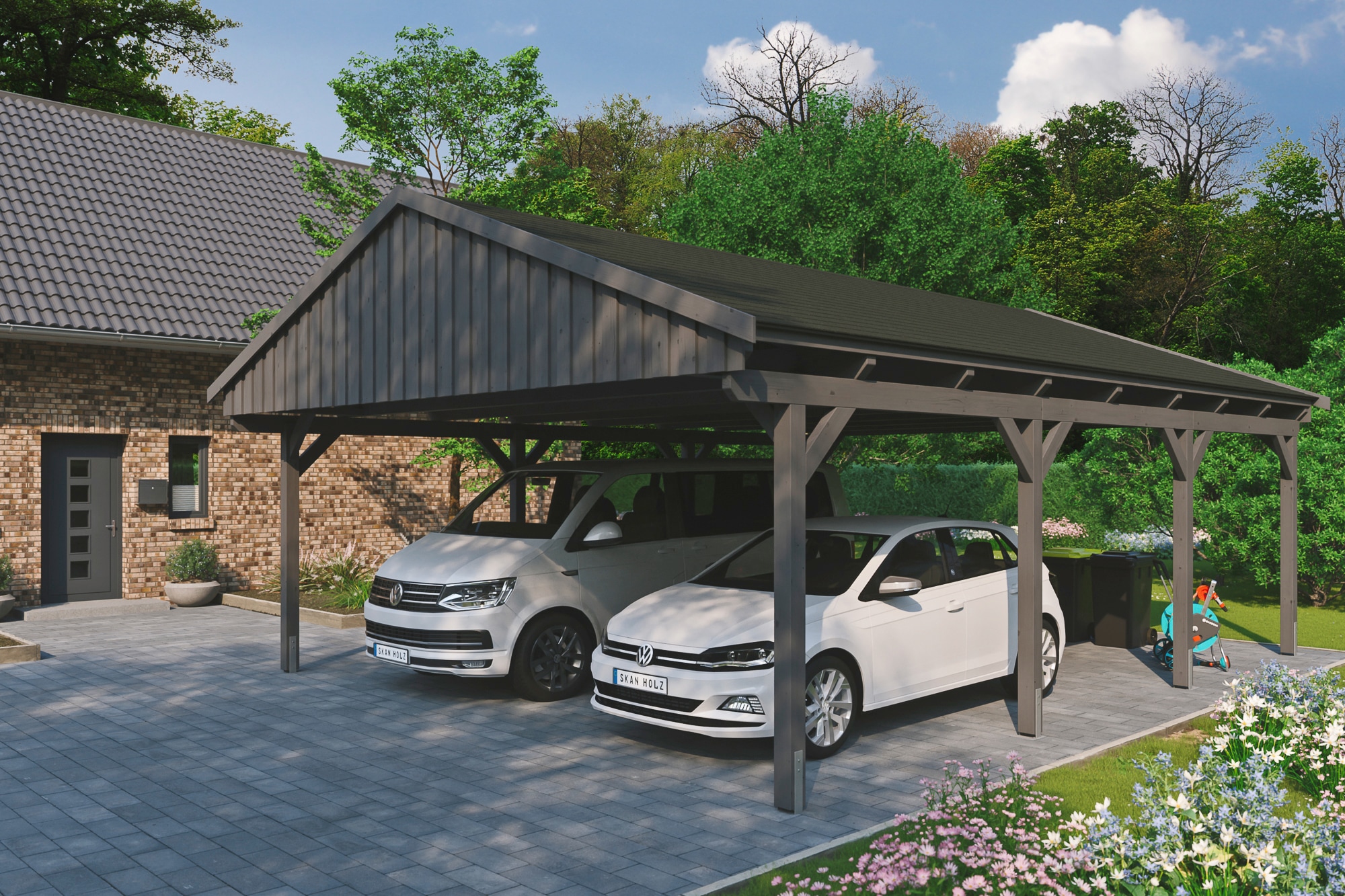 Skanholz Doppelcarport "Fichtelberg" Leimholz dunkelgrau mit schwarzen Schindeln
