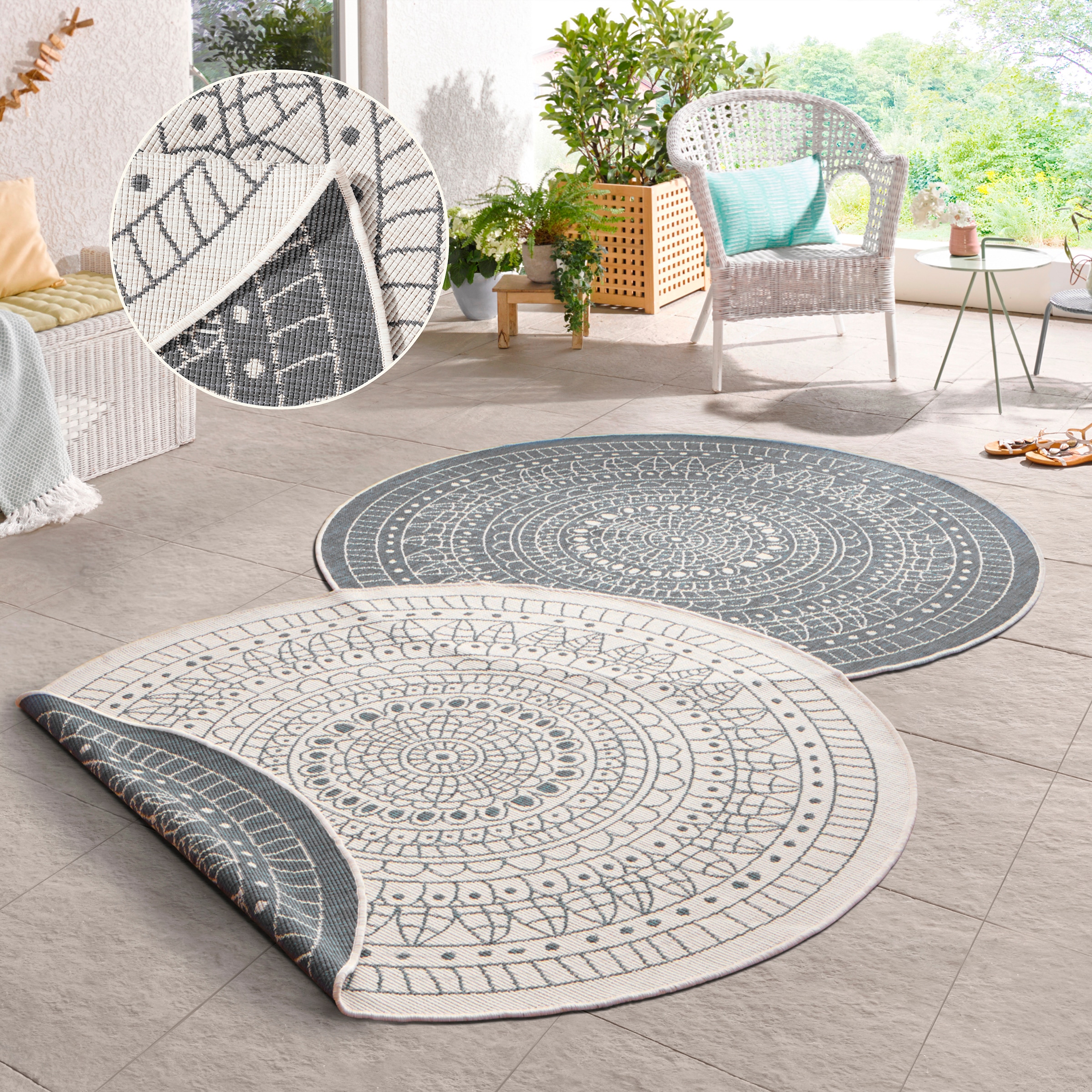 HANSE Home Teppich "Porto Wendeteppich" rund 5 mm Höhe In-& Outdoor, Wetterfest, Balkon, Garten, Wohnzimmer, Wasserfest