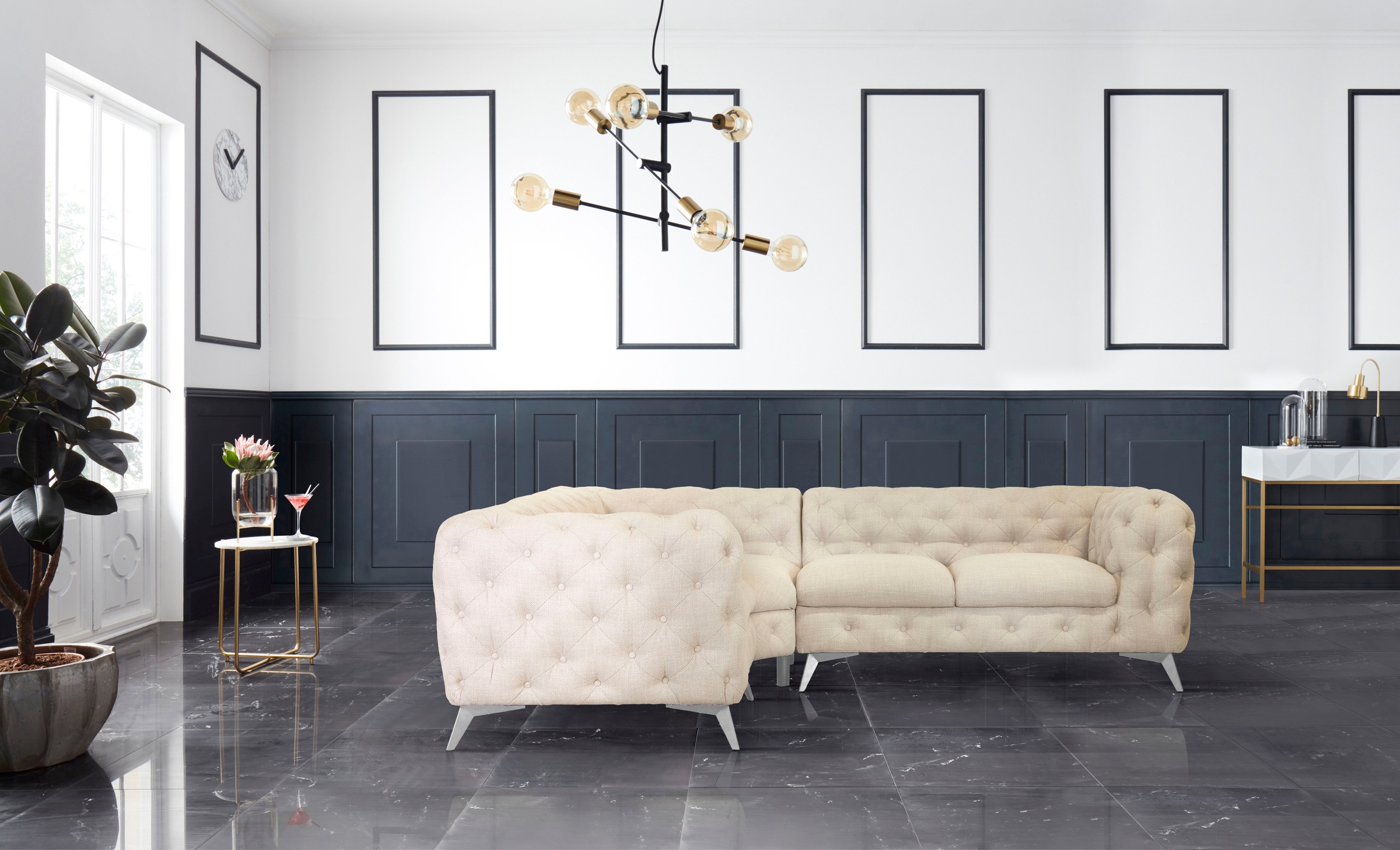 Leonique Chesterfield-Sofa »Ecksofa GLYNIS L-Form mit Wellenunterfederung, Maße B/T/H 264/204/75cm«, aufwändige Knopfheftung, moderne Chesterfield Optik, Fußfarbe wählbar