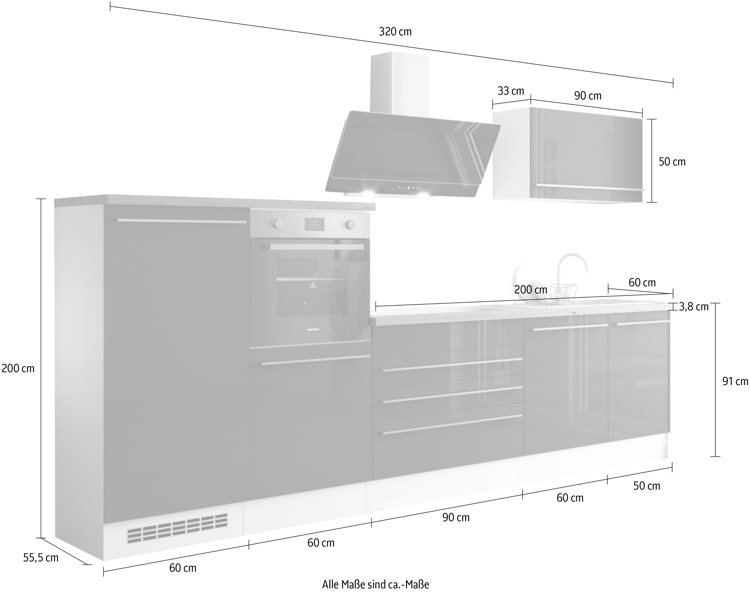 RESPEKTA Küche »Gabriel, Breite 320 cm«, wechselseitig aufbaubar, als Doppelblock stellbar