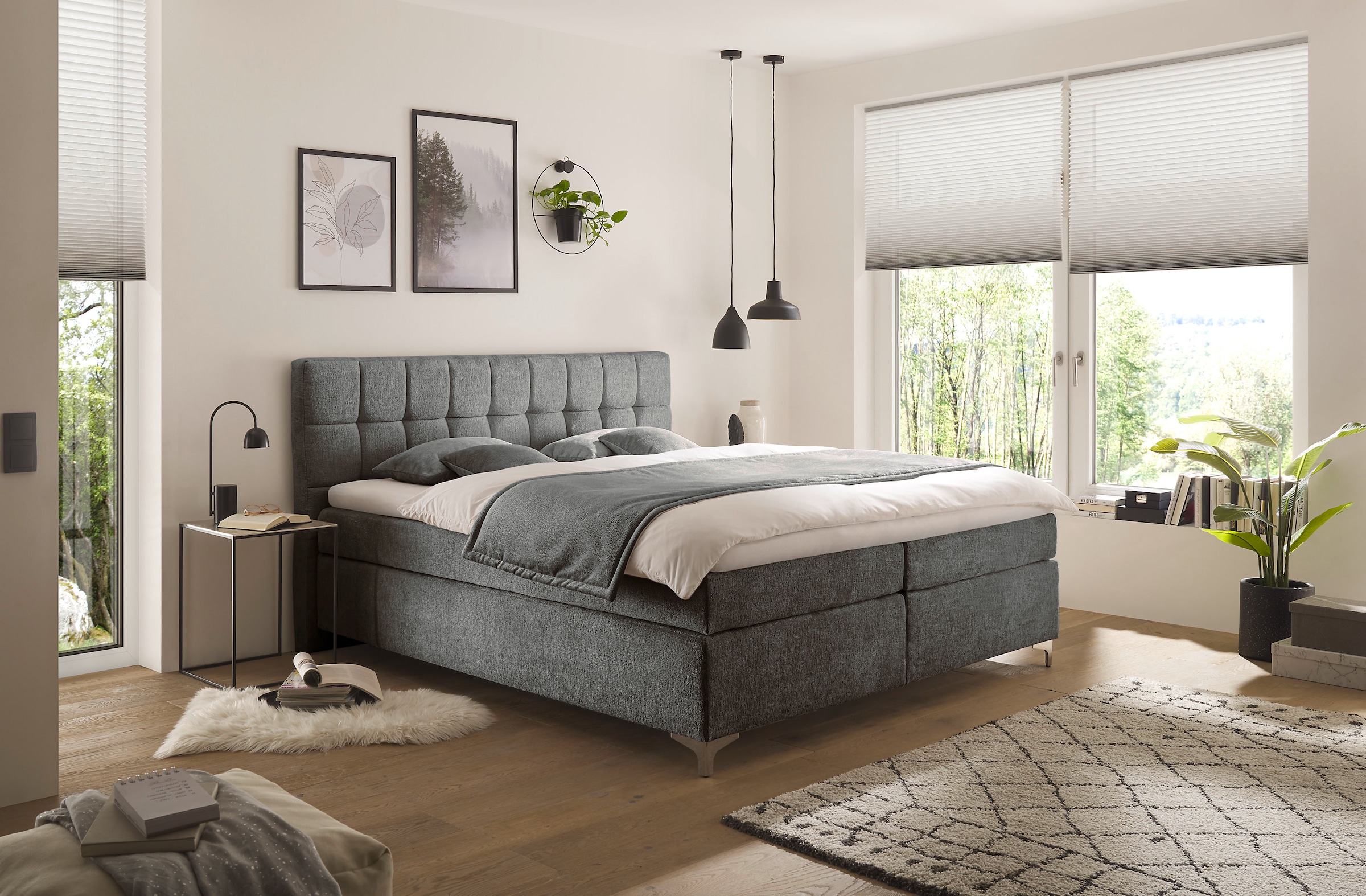 Boxspringbett HAPO, B:111cm L:200cm, grau, Polyester, Jugendzimmer, Komplettbetten, "Neyla erhältlich in den Breiten 100, 160, 180 & 200cm", in