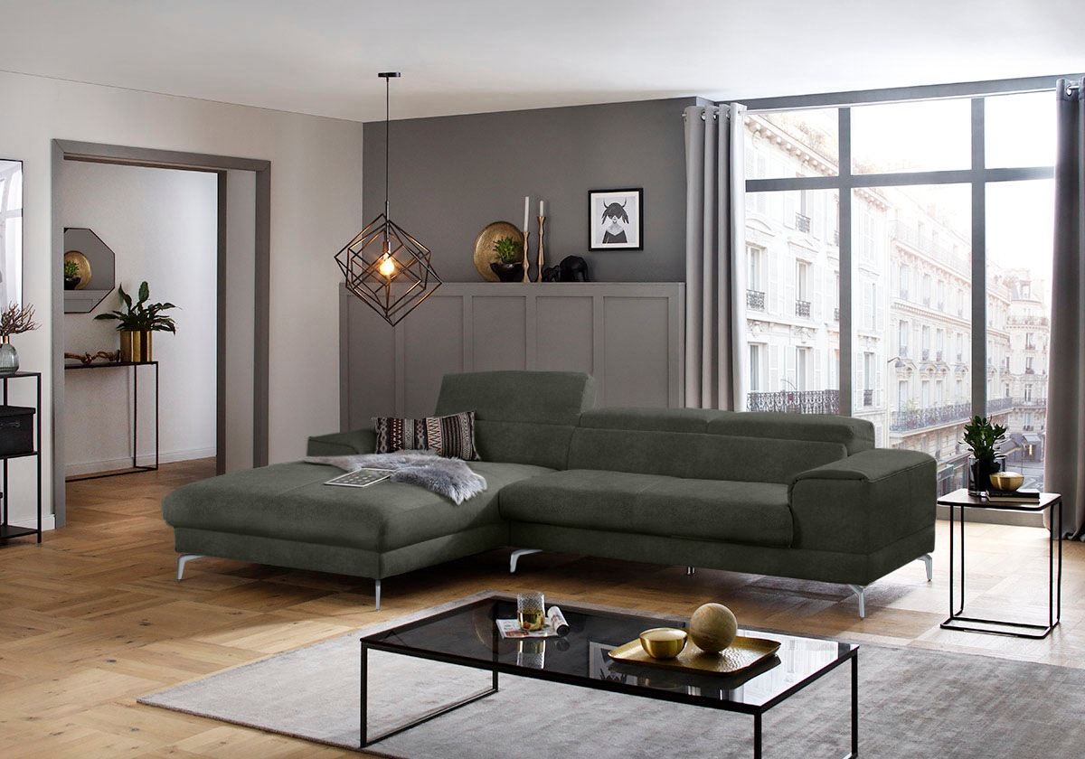 Ecksofa W.SCHILLIG "piedroo, Designsofa mit tollem Sitzkomfort, bequem und elegant, L-Form", grün (hunter r66), B:303cm H:70cm T:193cm, Chenille-Flachgewebe R66 (85% Polyester, 15% Nylon), Sofas, Ecksofa, Kopfteilverstellung, wahlweise mit Sitztiefenverst 8