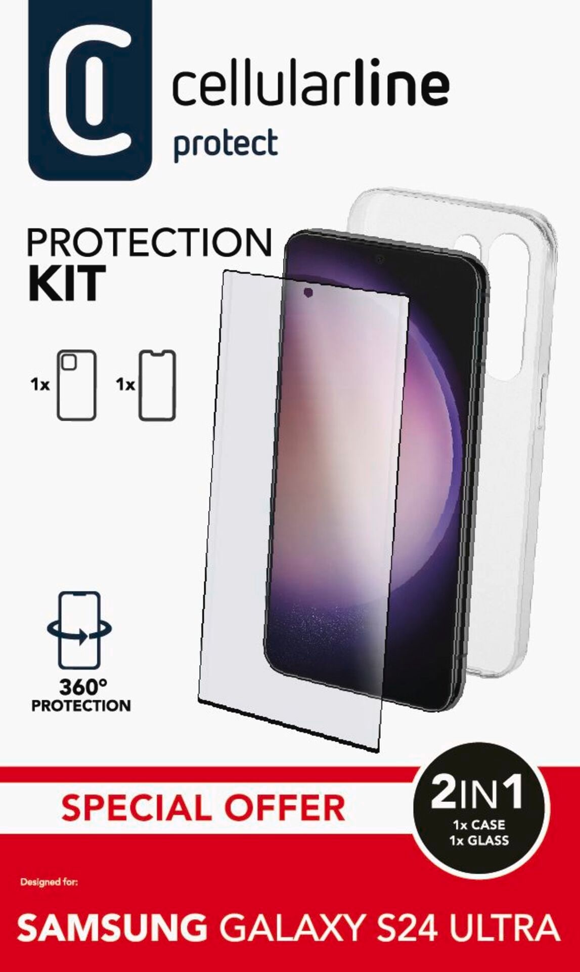 Cellularline Handyhülle »Protection Kit für Samsung Galaxy S24 Ultra«, Handycover Backcover Schutzglas Handyschutzhülle Rundumschutz 360 Grad