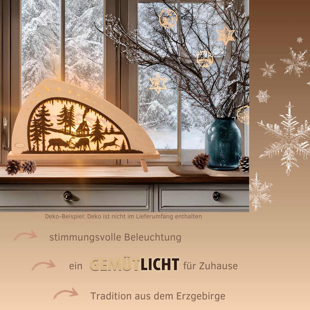 Weigla LED Lichterbogen »Rotwild, Schwibbogen aus Holz, Dekoleuchte, NATUR-BRAUN, Herbstdeko«, Erzgebirge garantiert, Weihnachtsdeko Innen, Weihnachtsbeleuchtung