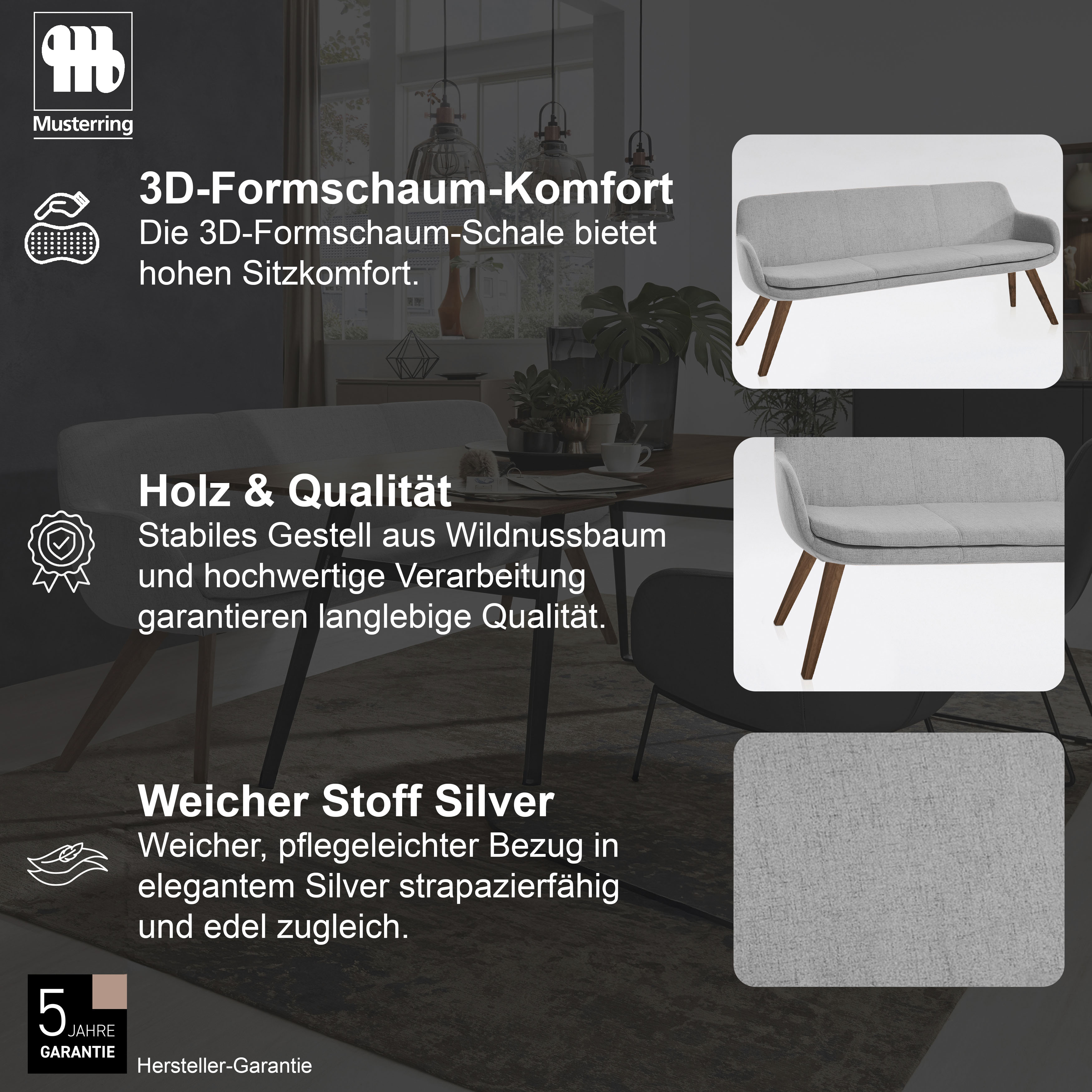 Thumbnail - Musterring Essbank "Tavia" Stativgestell Wildnussbaum massiv geölt, Breite 180, 200 oder 220 cm