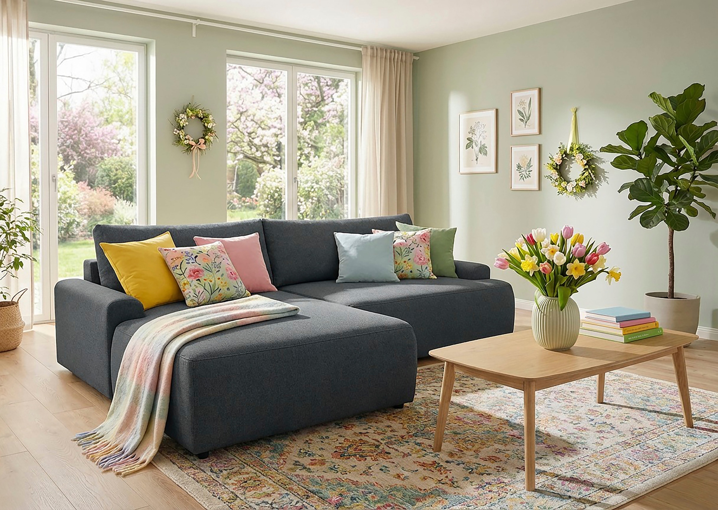 TRENDMANUFAKTUR Ecksofa "Prag, Schlafsofa mit Bettkasten, Couch in L-Form, Breite 253 cm" in feinem Strukturstoff, anthrazit, Recamiere links