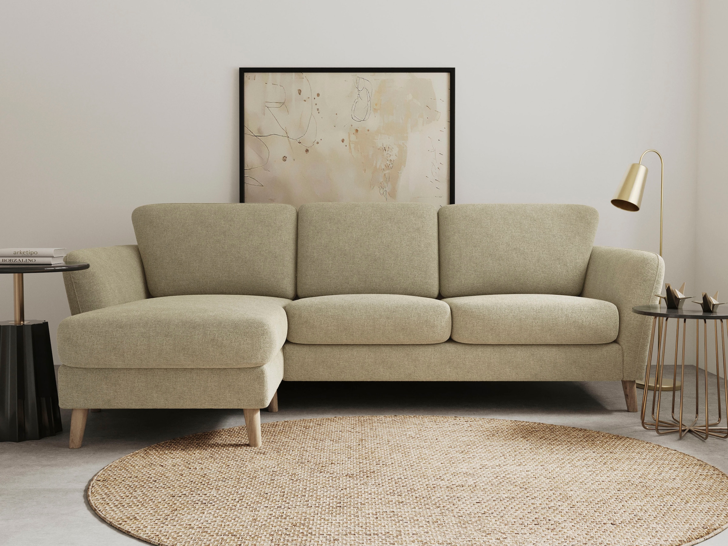 OTTO home Ecksofa "MARSEILLE (242/152cm),L-Form, Rec. rechts/links" Massivholzbeine Eiche, Landhausstil, Wellenunterfederung