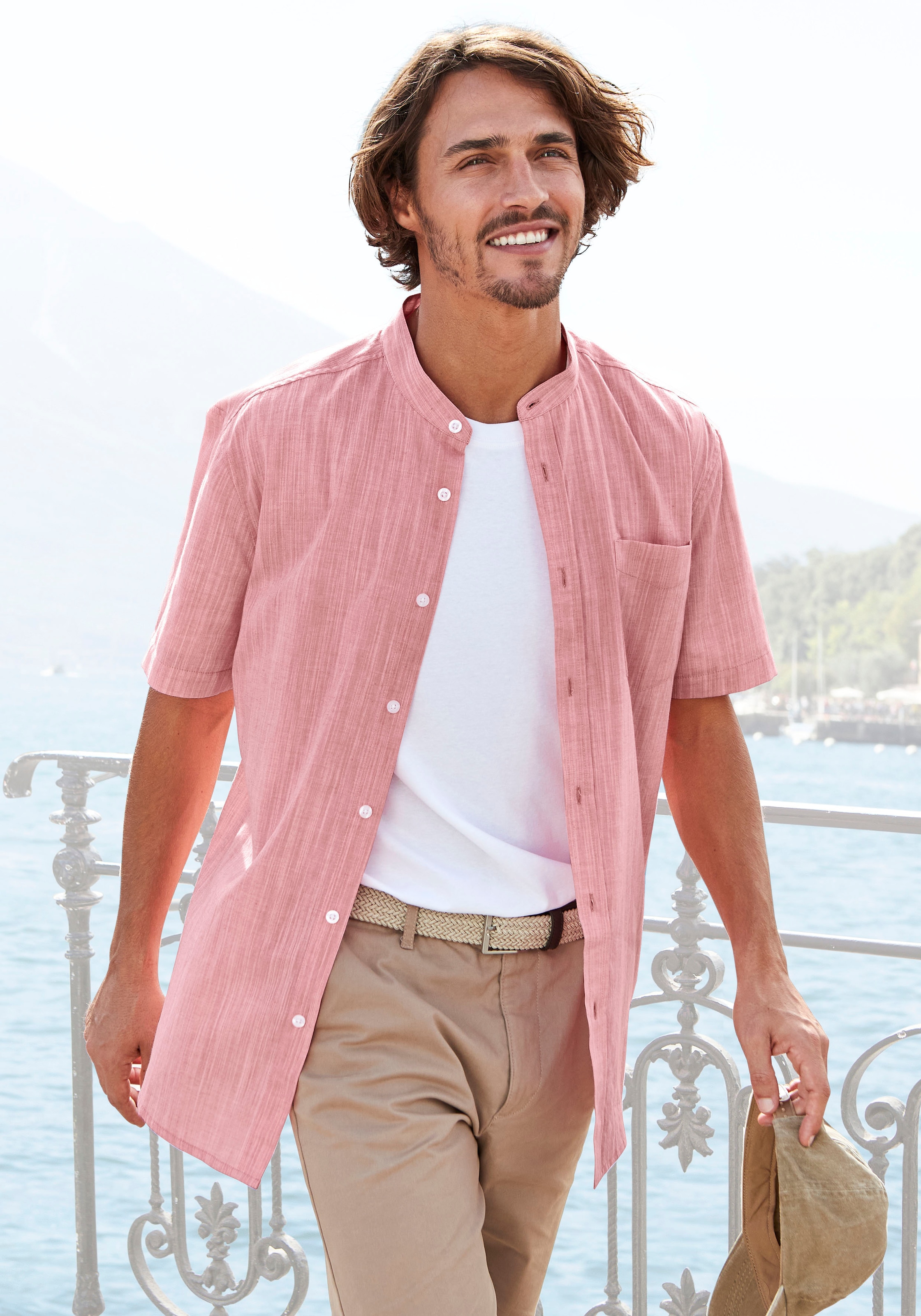 H.I.S Kurzarmhemd ", sommerliches Strukturhemd" Regular Fit, Stehkragenhemd mit Brusttasche, reine Baumwolle