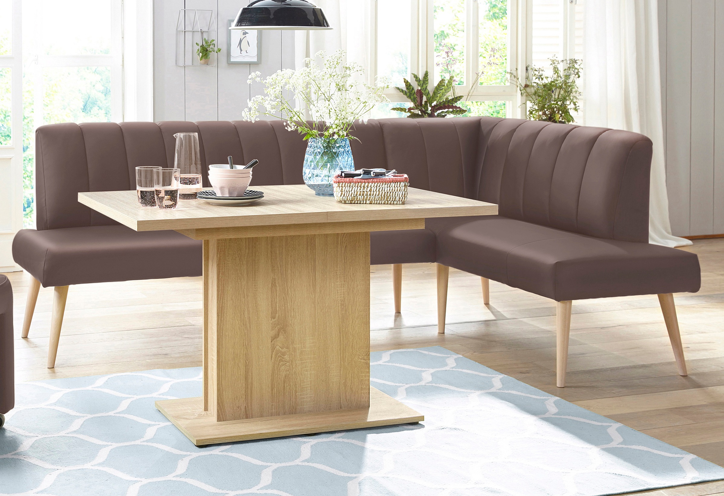 exxpo - sofa fashion Eckbank »Costa, moderne Rückensteppung, bequem und elegant, hoher Holzfuß«, hochwertig verarbeitet, Frei im Raum stellbar