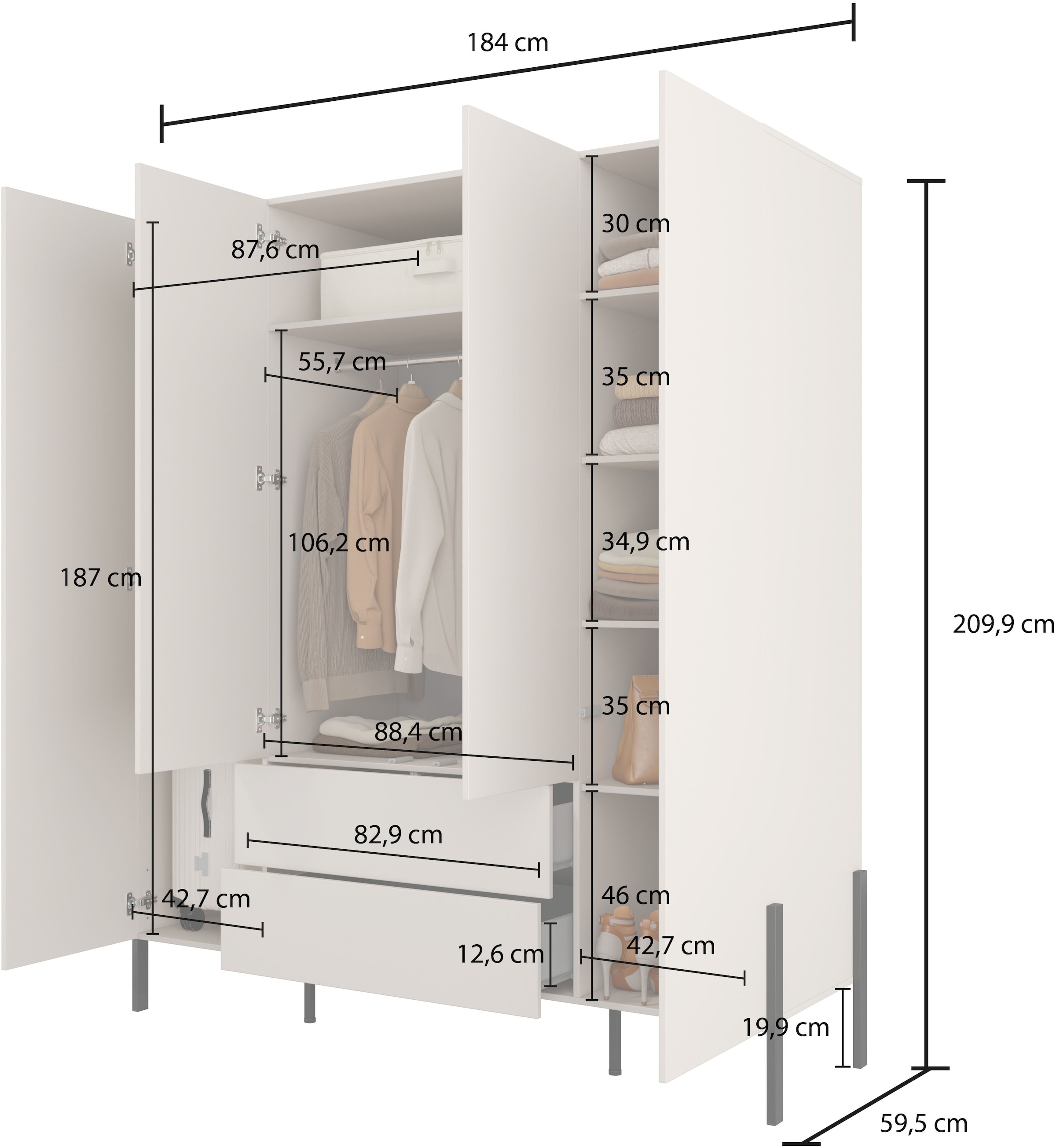 Home affaire Drehtürenschrank »Jukon, moderner Kleiderschrank mit Metallfüßen«, (B/H/T 3-Türer: ca. 135/210/60 4-Türer ca: 180/210/60), Drehtürenschrank 4 Türen/2 Schubkästen, push to open Funktion