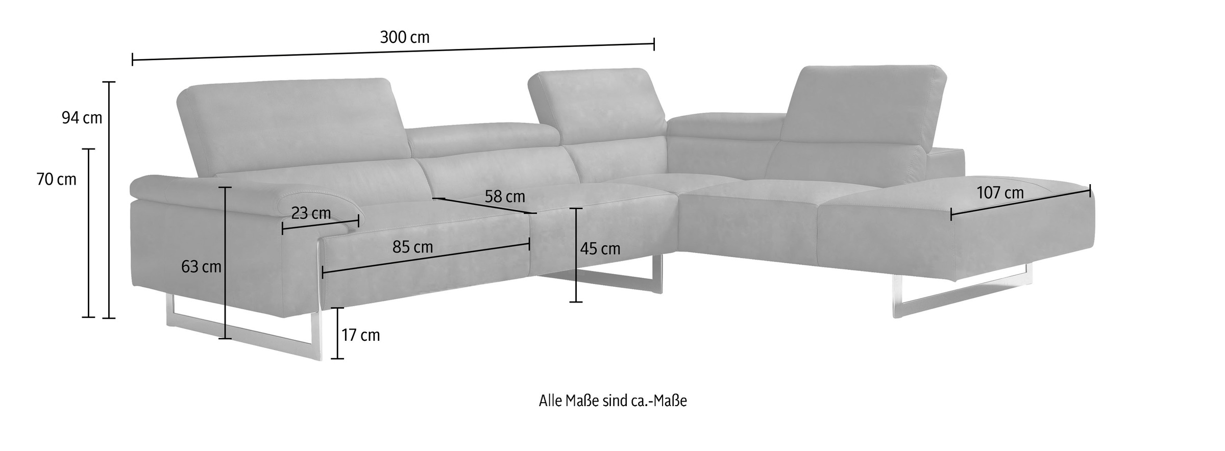 Egoitaliano Ecksofa »Malika«, mit Ottomane, inkl. Kopfteilverstellung und chromfarbenen Metallfüßen