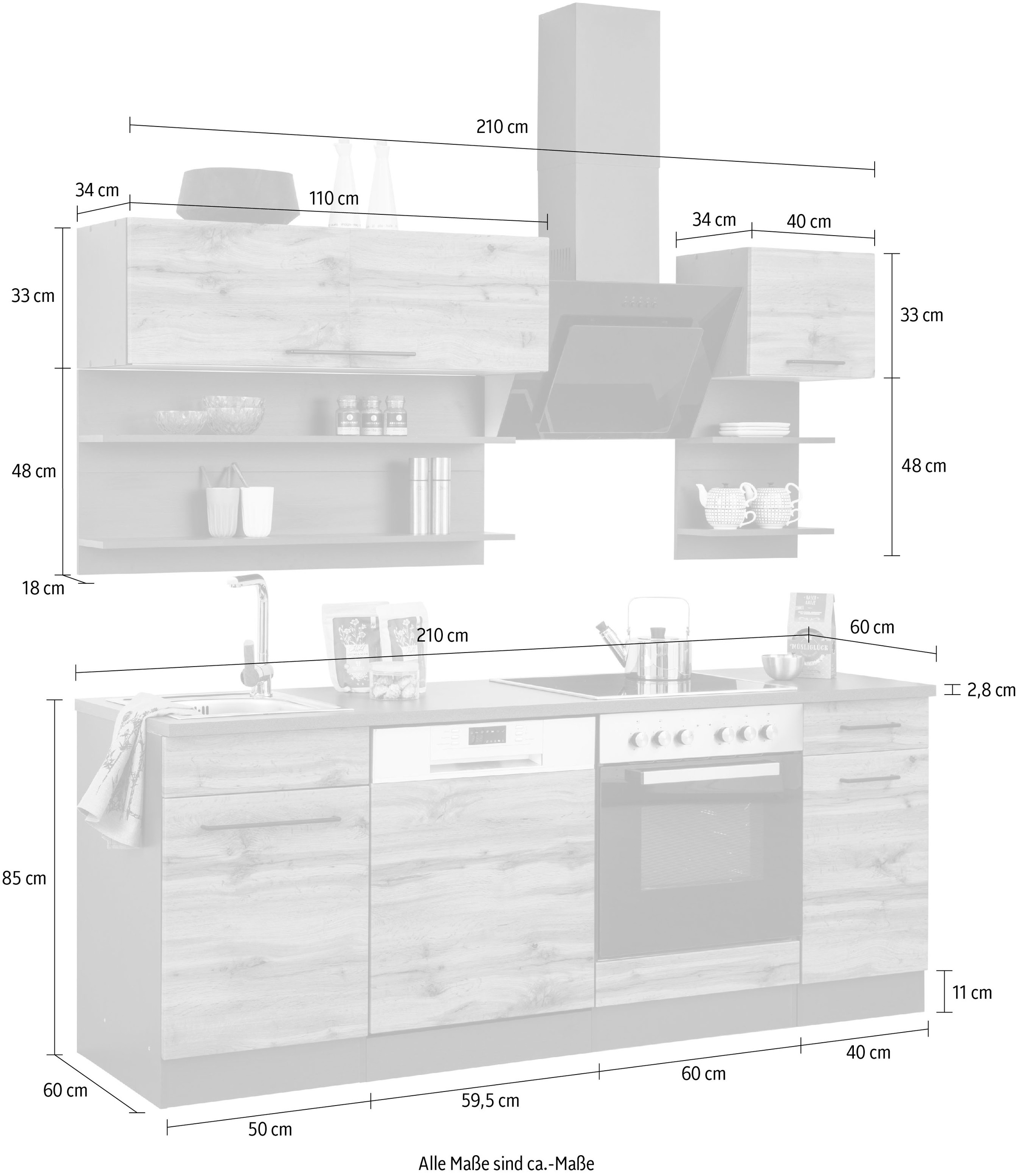 KOCHSTATION Küchenzeile »KS-Tulsa«, ohne E-Geräte, Breite 210 cm, schwarze Metallgriffe, MDF Fronten