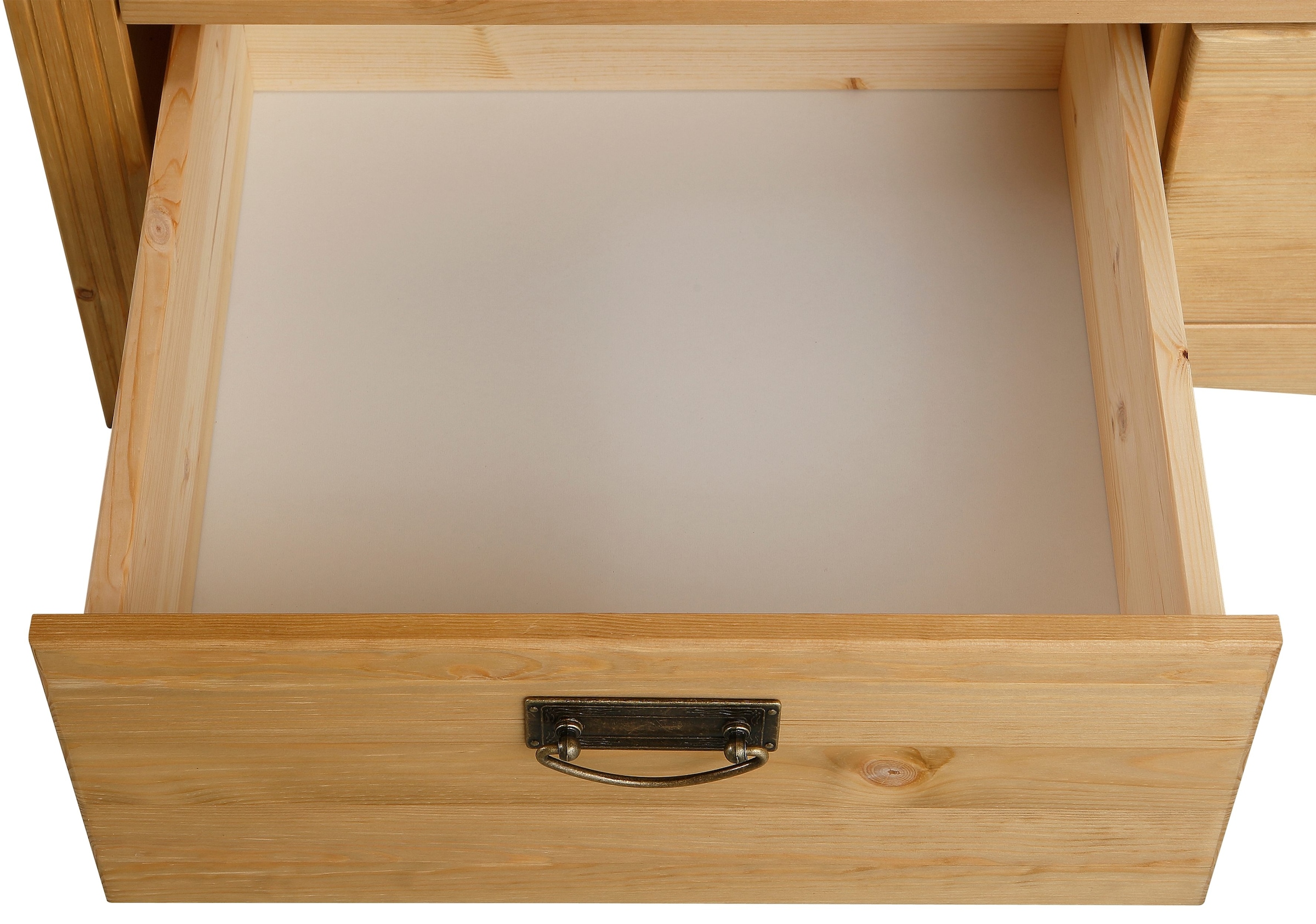 Home affaire Schiebetürenschrank »Konrad, Landhausstil, rustikal, mit Schubladen + Spiegel, Kassetten«, (3 Breiten: 153/202/249 cm H/T ca.207/64 cm), massive Kiefer, FSC®-zertifiziert, Messinggriffe, mehrere Varianten