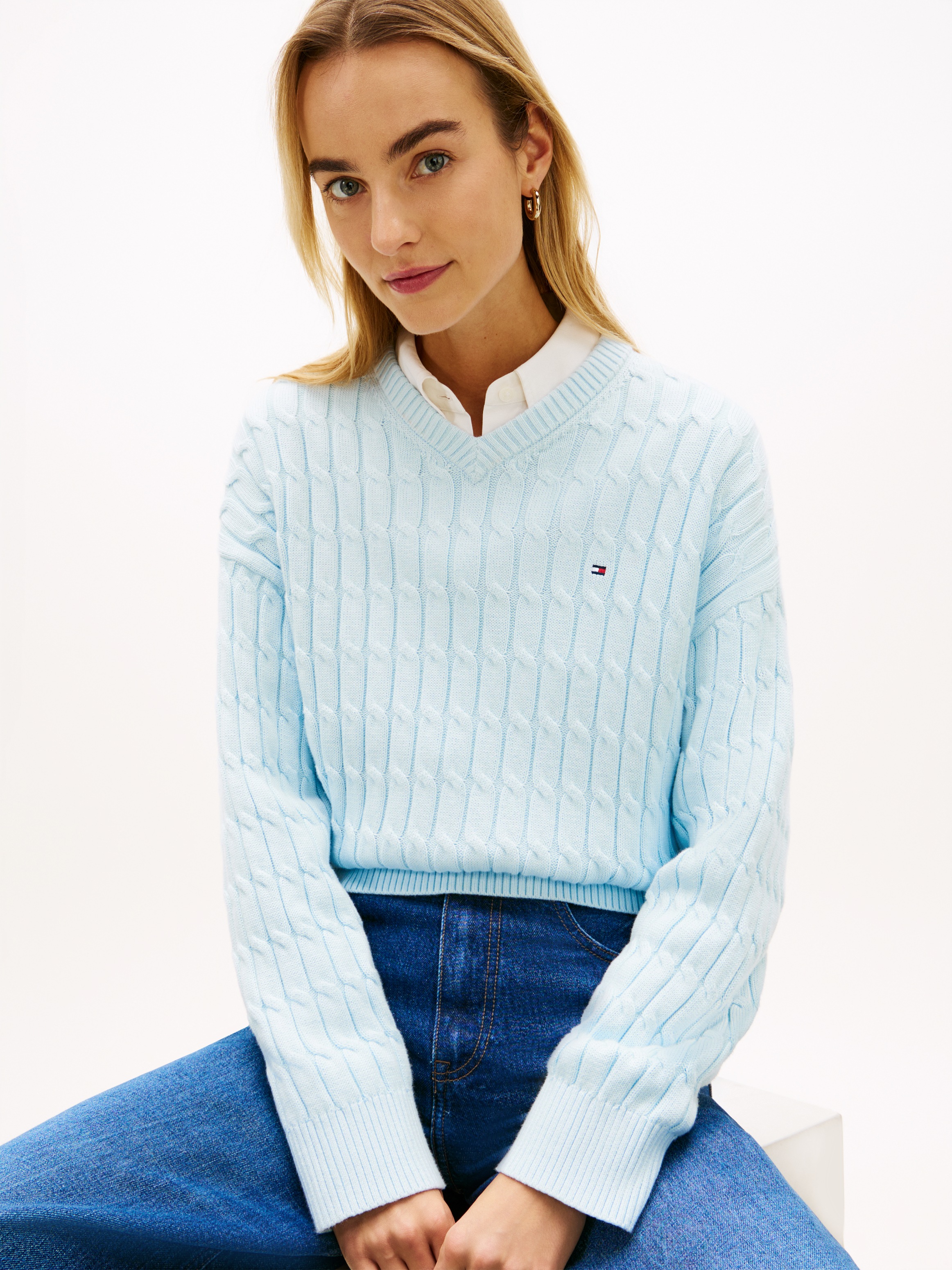 Tommy Hilfiger Strickpullover "CO CABLE MID GG RLX LS V-NK SWT" mit Zopfmus günstig online kaufen