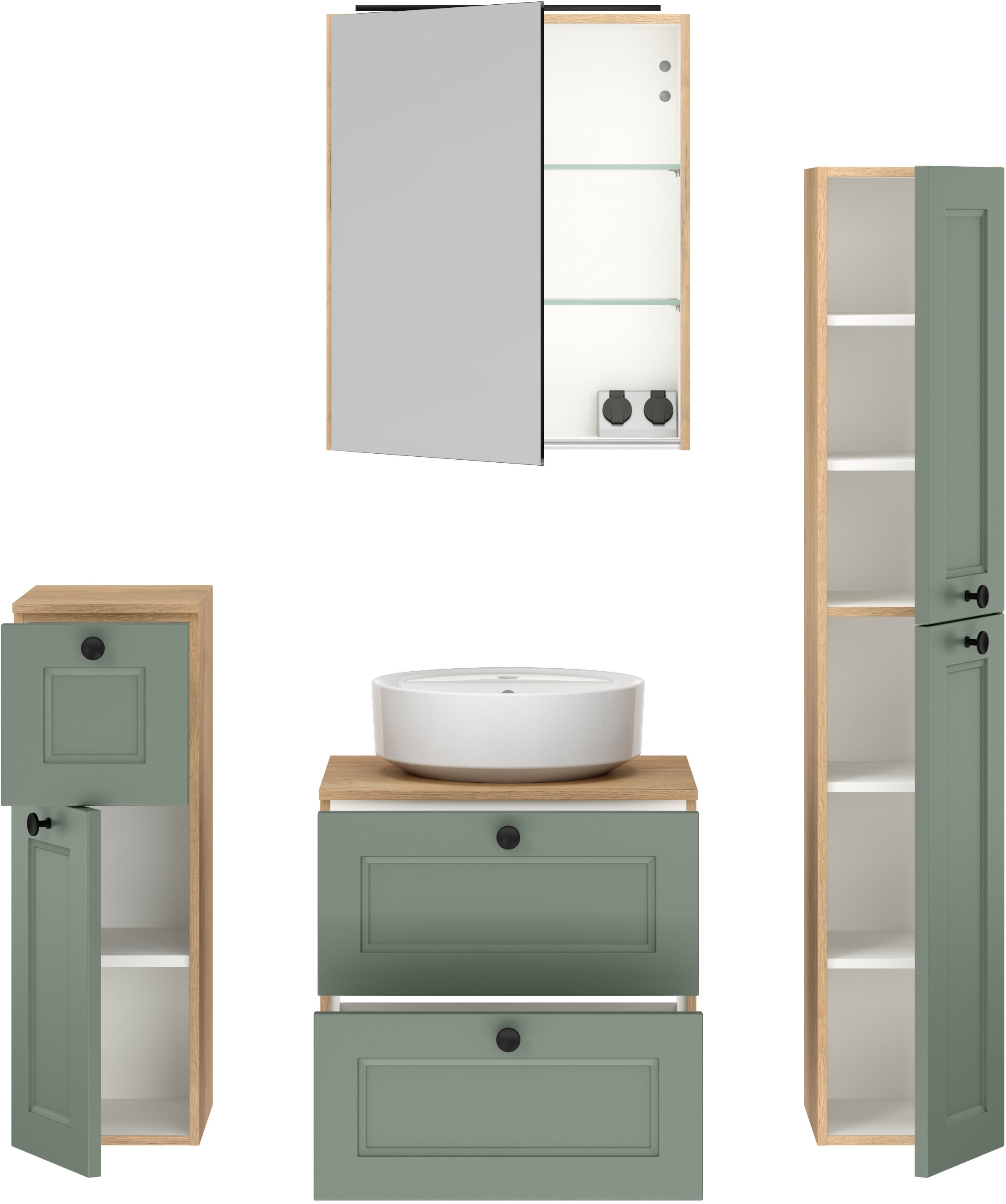 nobilia® Badmöbel-Set »Cascada« Set, inkl.  Aufsatzwaschbecken und Spiegelschrank mit Beleuchtung, 4 Stk. tlg.