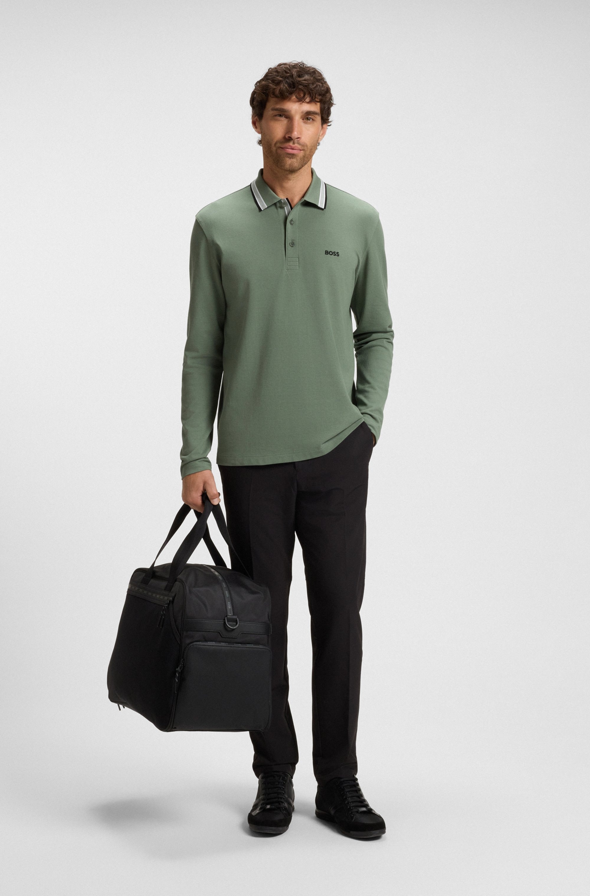 BOSS GREEN Langarm-Poloshirt »Plisy«, mit Streifen am Kragen