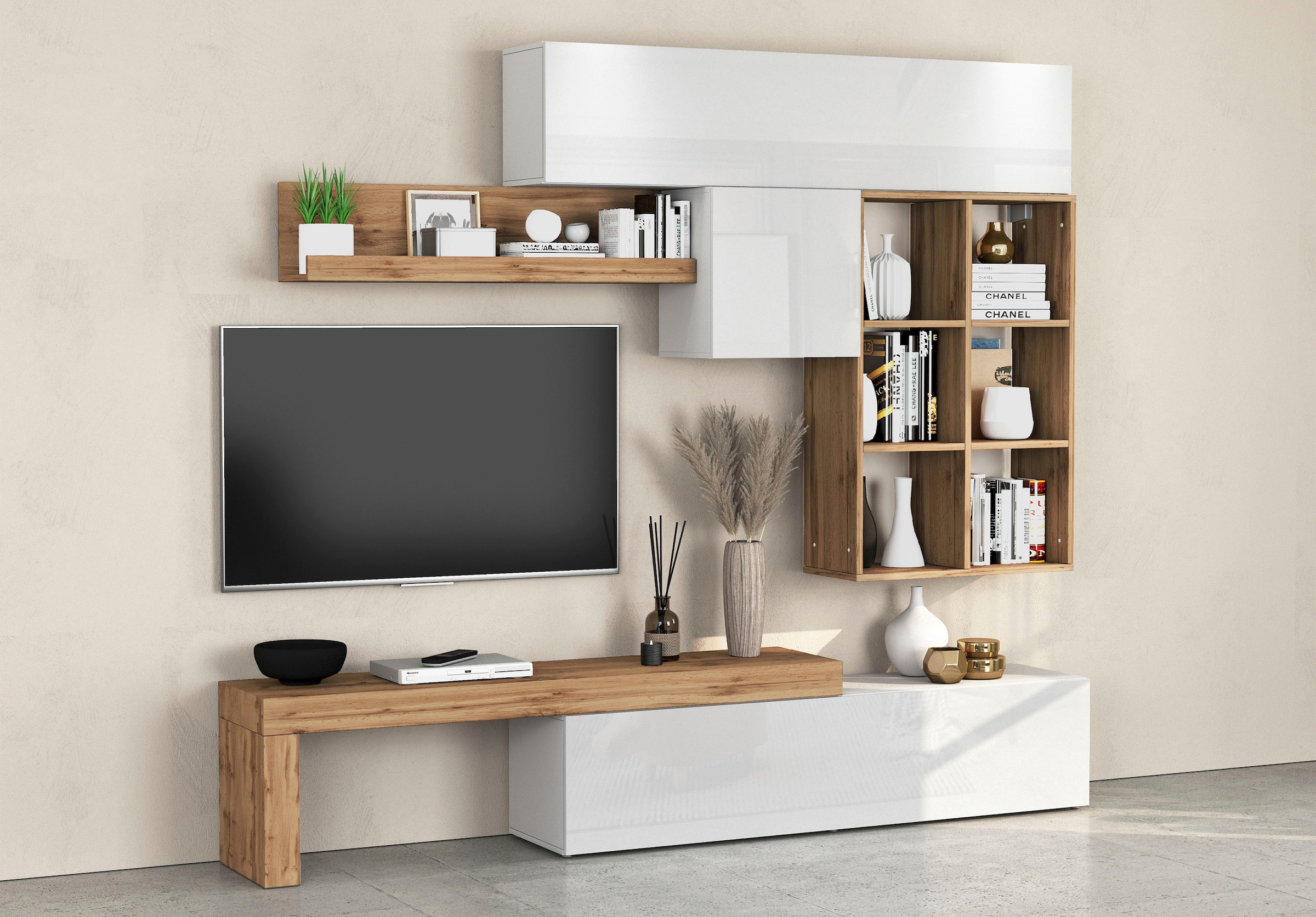 INOSIGN Wohnwand »Chronos Wohnwand, Medienwand, 5-er set«, (Set, 5 St.), ca. 270 cm mit Hängeschränke, Würfel, Regal, Lowboard, Made in Italy