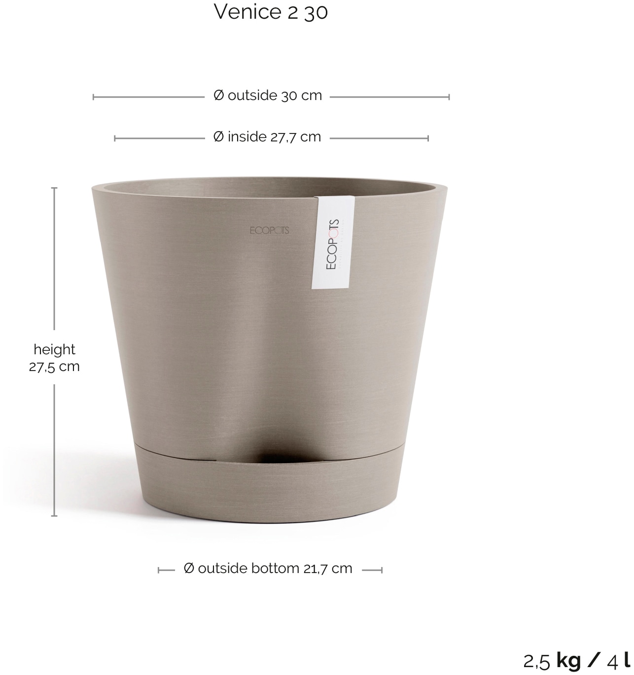 ECOPOTS Blumentopf »Venice 2 30 Taupe«, für den Innenbereich