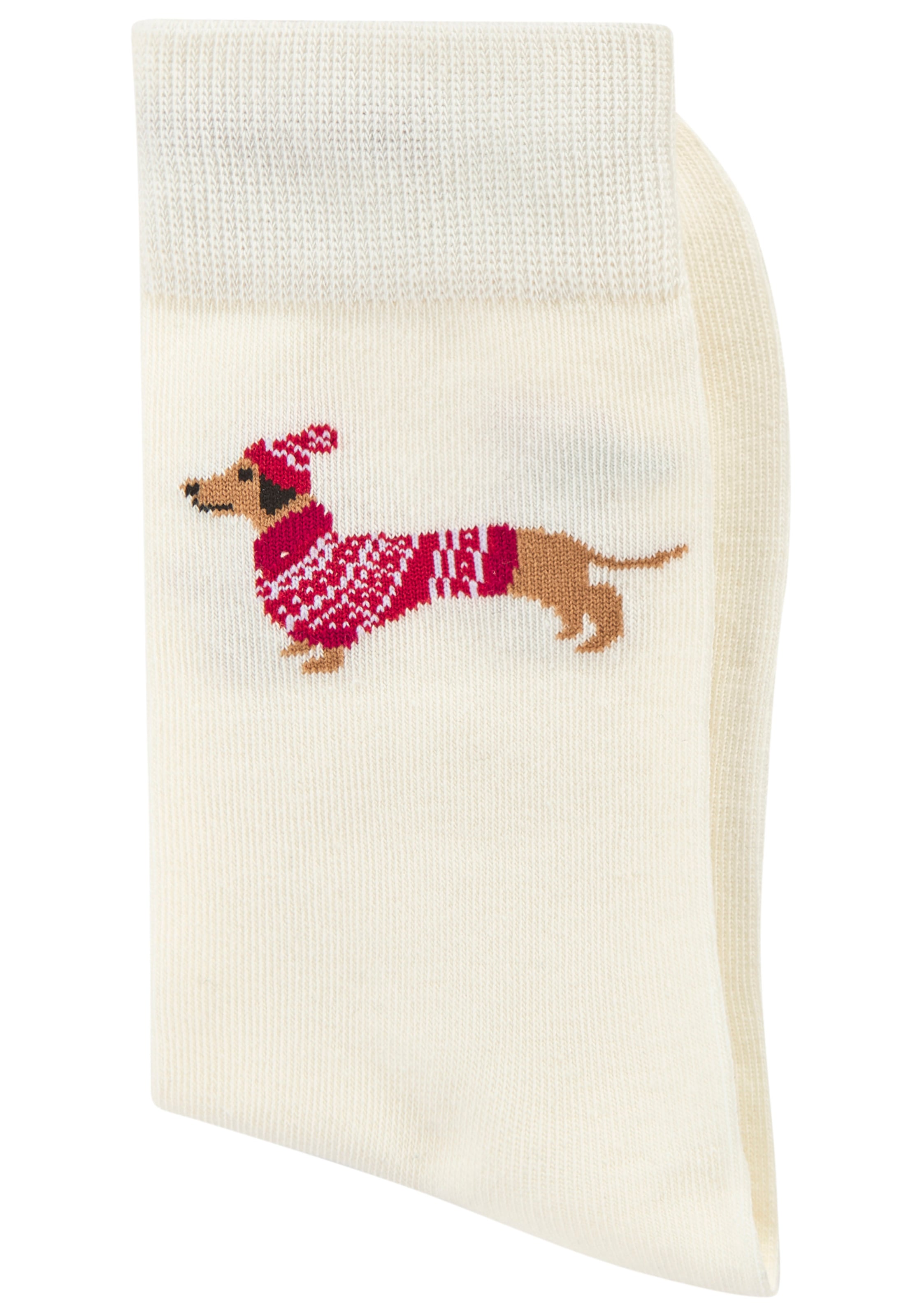 LASCANA Socken Packung, 3 Paar tlg. mit weihnachtlichem Dackelmotiv